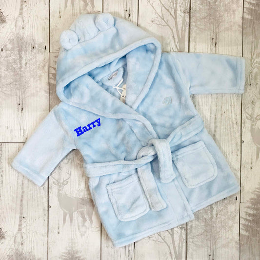 personalised baby dressing gown blue
