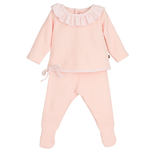 baby girl outfit, baby clothes, pink baby set, newborn clothing, cotton baby set, 2-piece baby outfit, frill collar baby clothes, baby gift set, baby footed pants