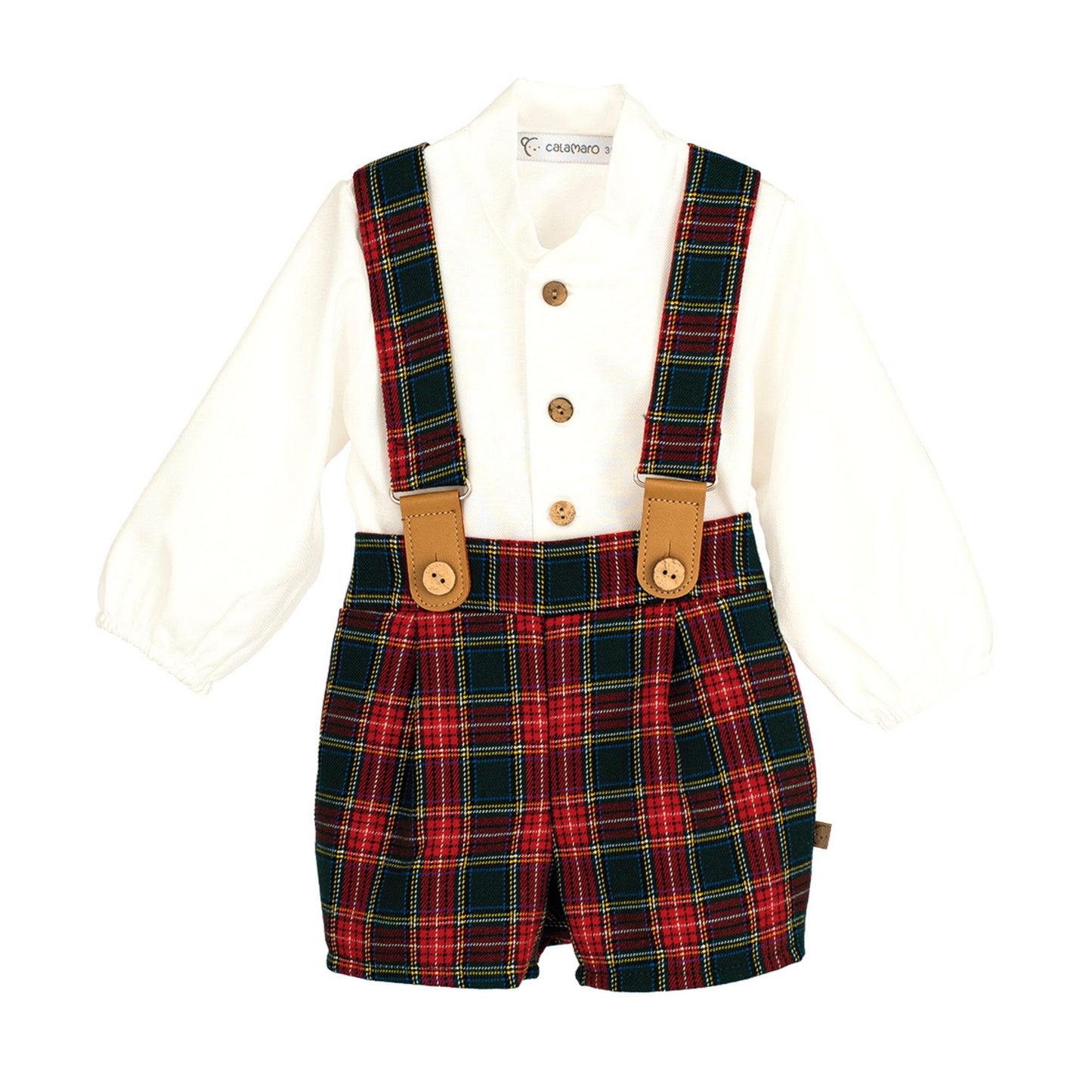 Children's outfit with plaid shorts and suspenders on a white background