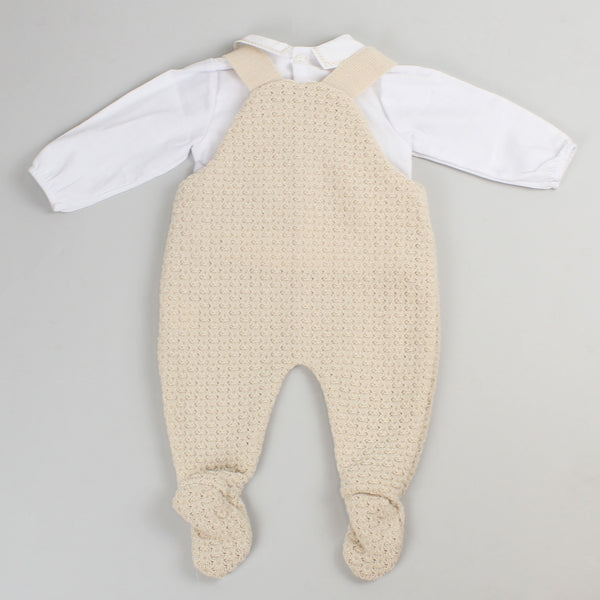 baby boys long sleeve shirt and beige dungarees