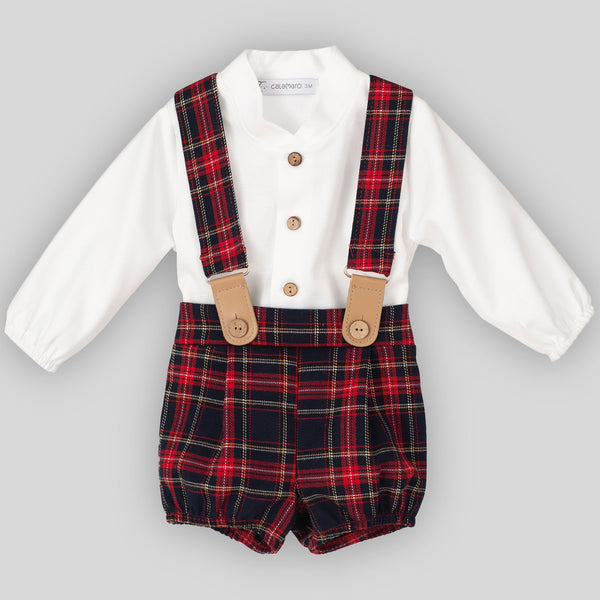 baby boys red tartan shorts with braces