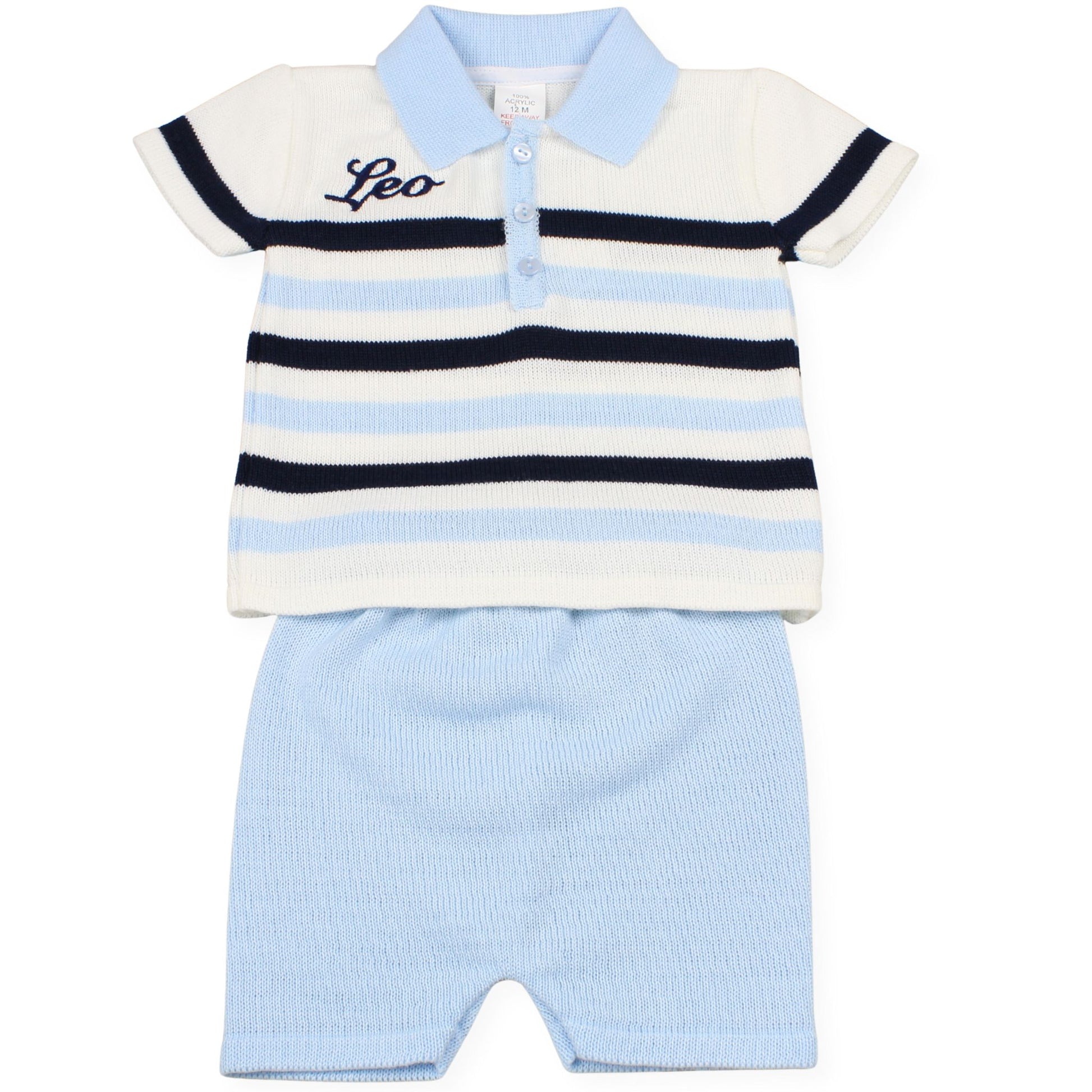 Personalised Baby Boys Knitted Polo Shirt and Shorts - Blue