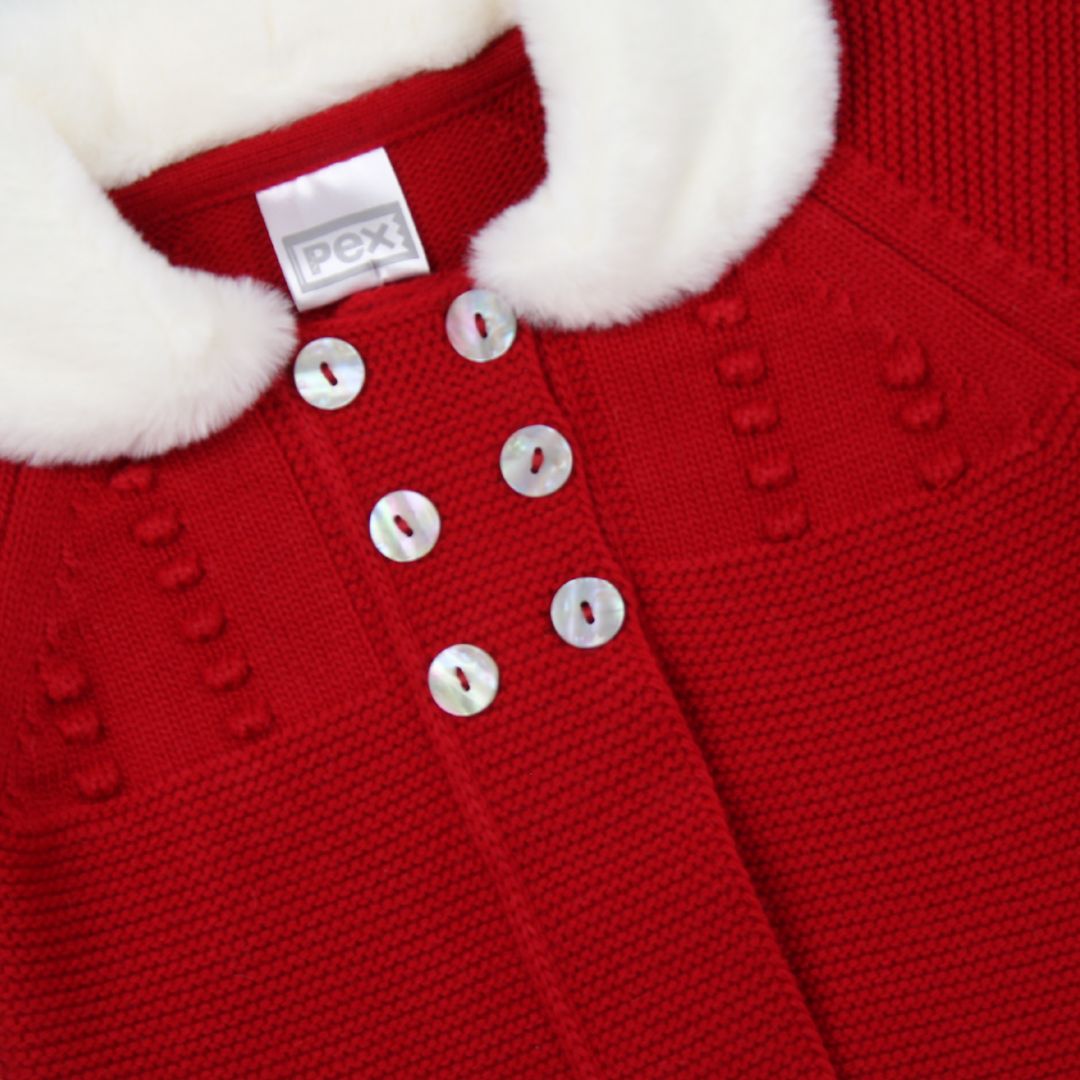 PEX Baby Girls Red Knitted Coat - Faux Fur Collar with Bonnet