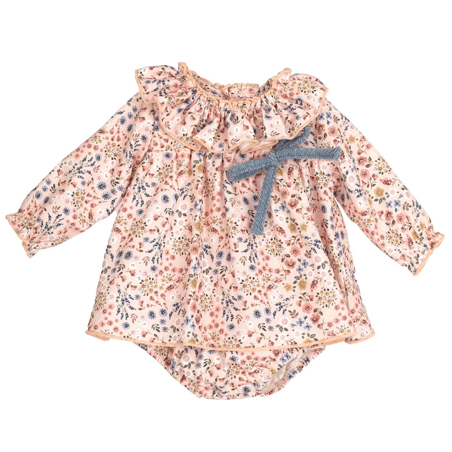 Floral baby romper with a bow on a white background