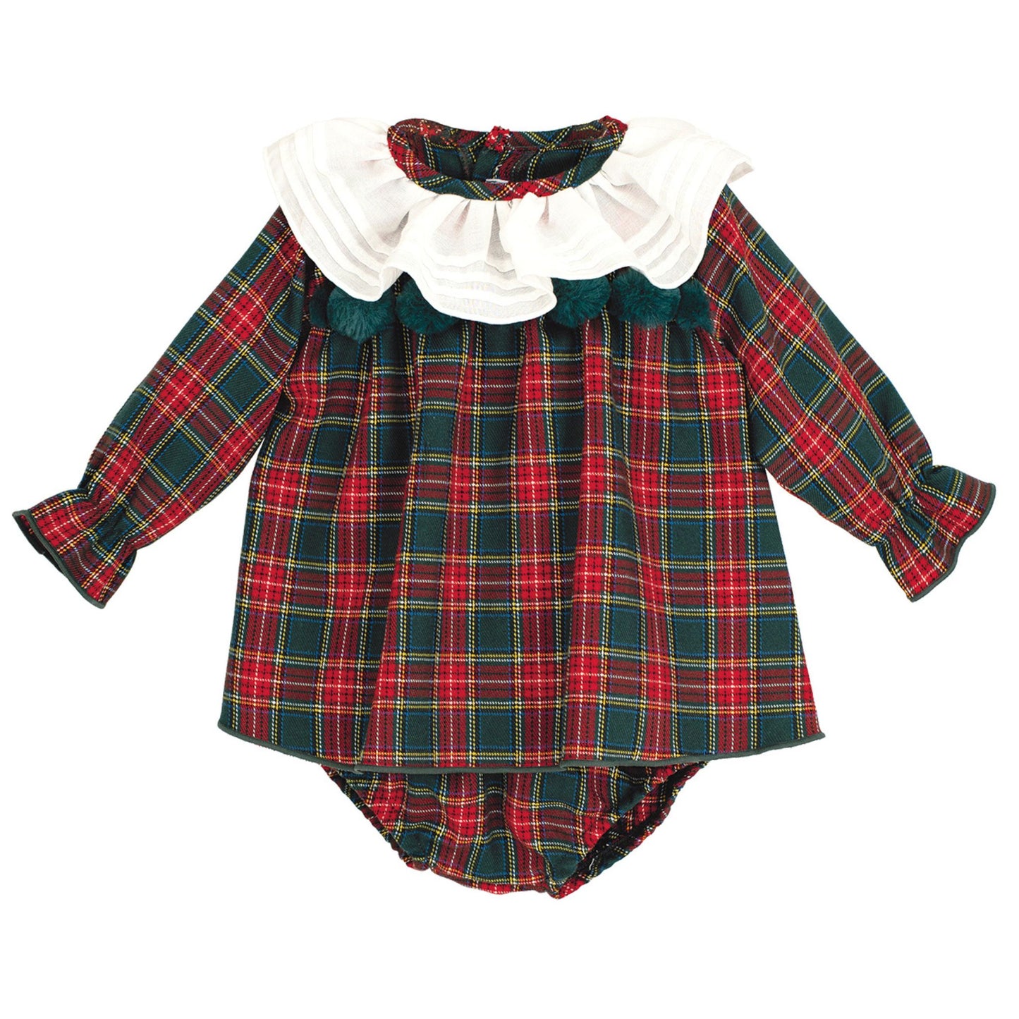 Plaid baby outfit with ruffled collar on a white background