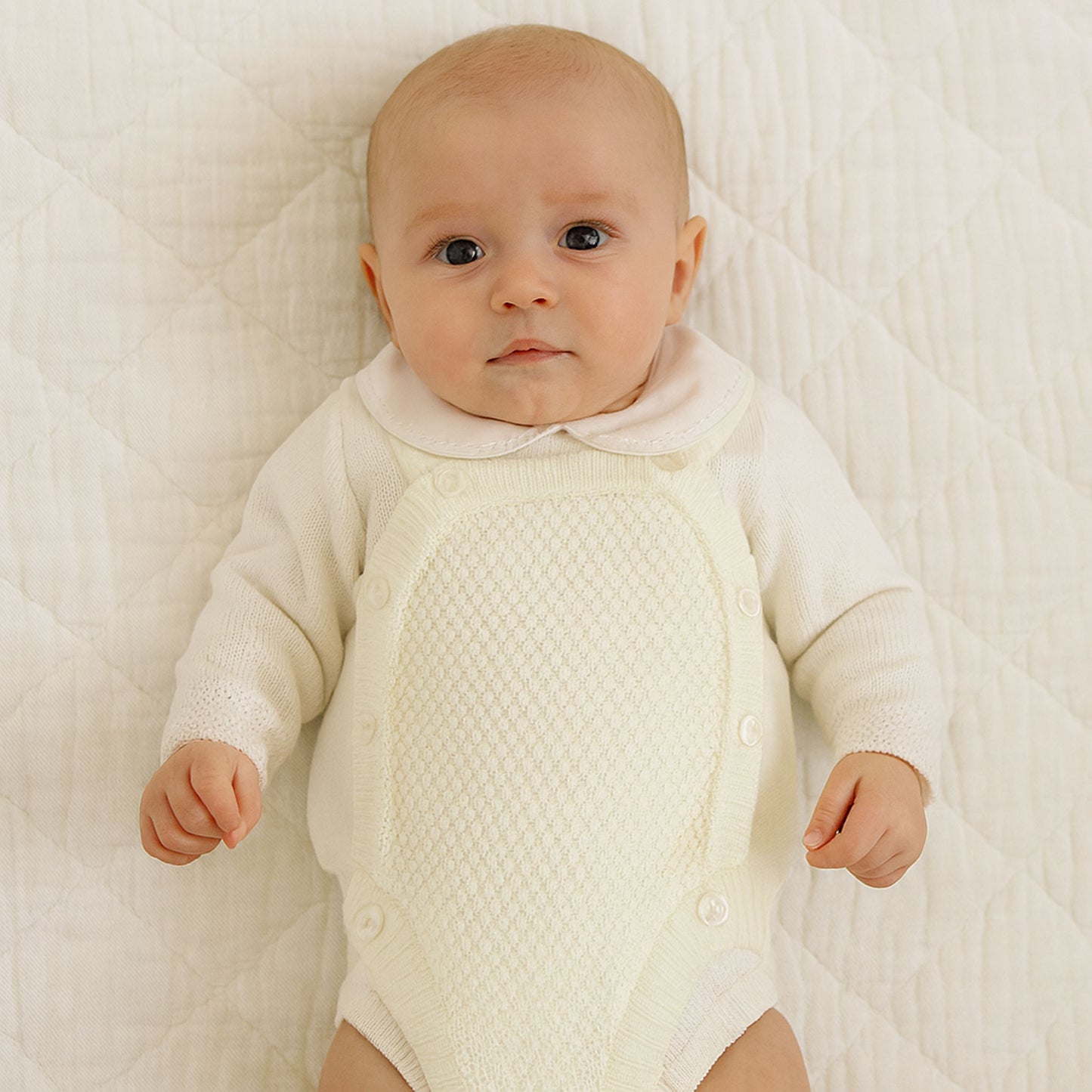 Little Nosh Baby Boys Cream Knitted Two Piece Outfit with Collar