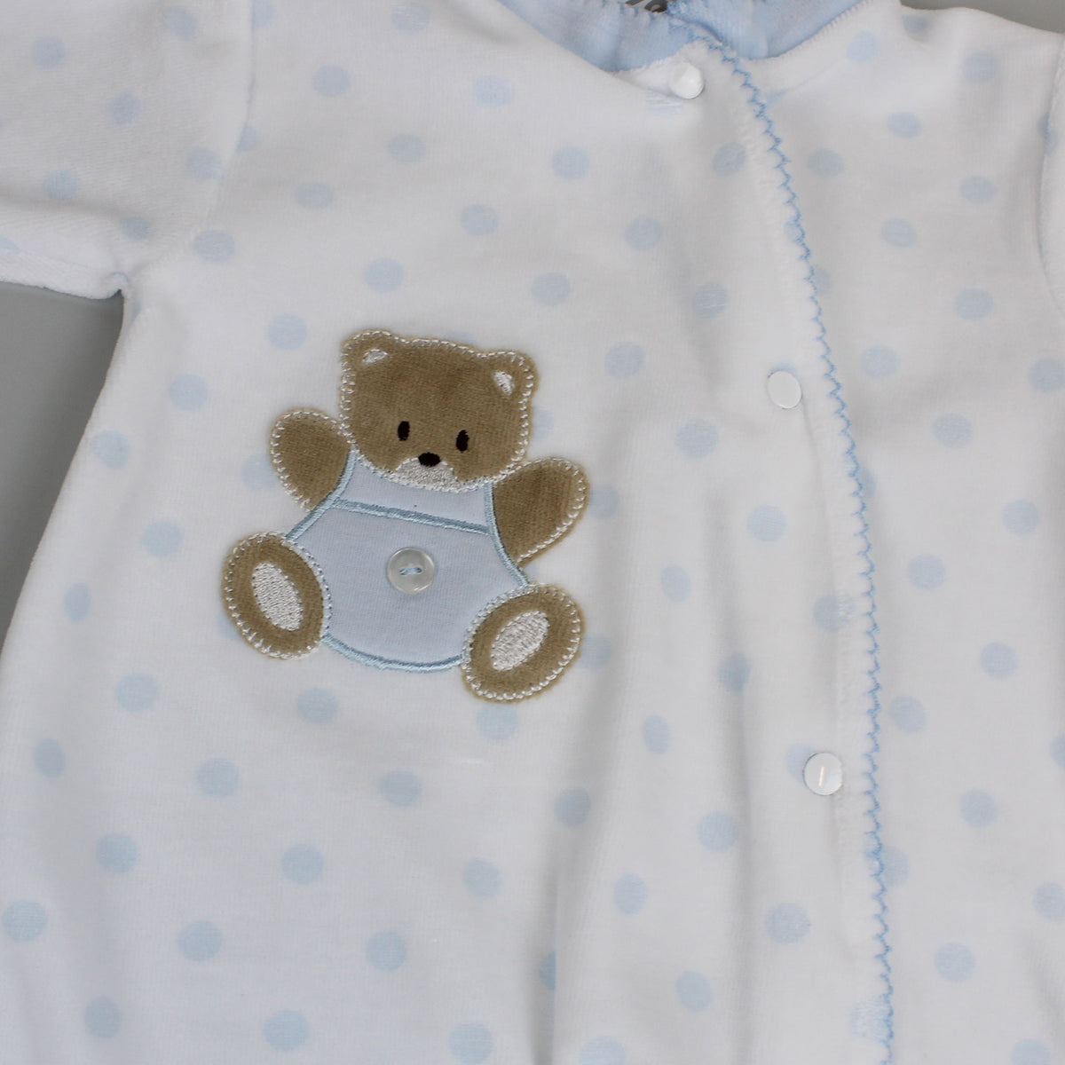 Baby Boys Teddy Polka Dot Velour Snuggle Sleepsuit Blue and White Pex