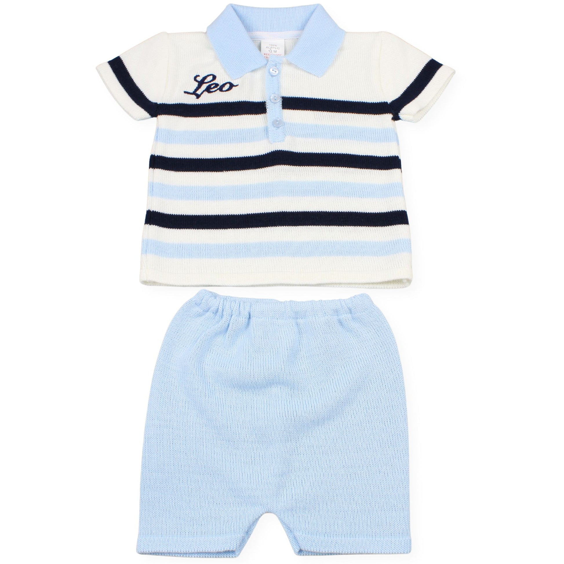 Personalised Baby Boys Knitted Polo Shirt and Shorts - Blue