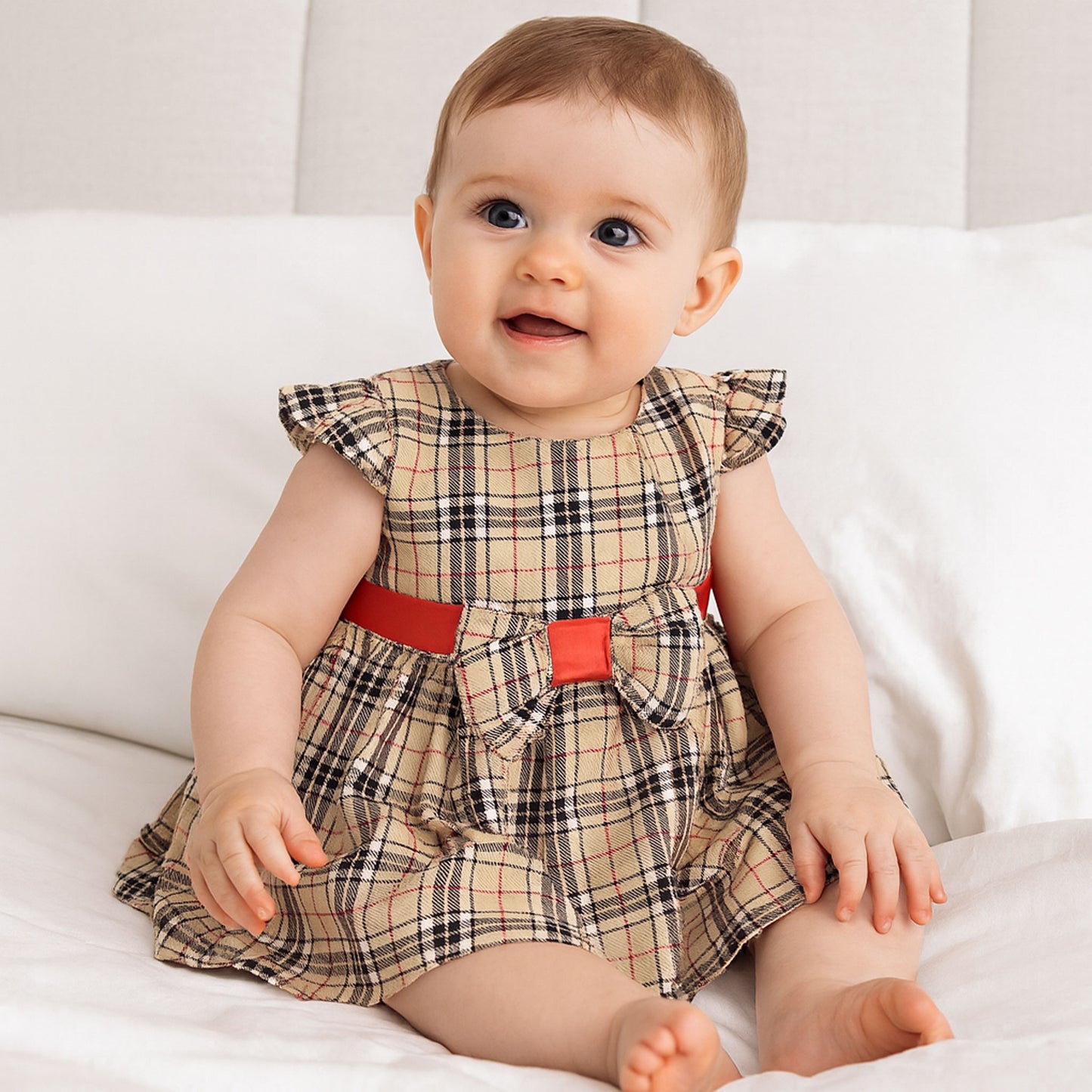 Baby wearing a plaid dress with red accents sitting on a white surface.