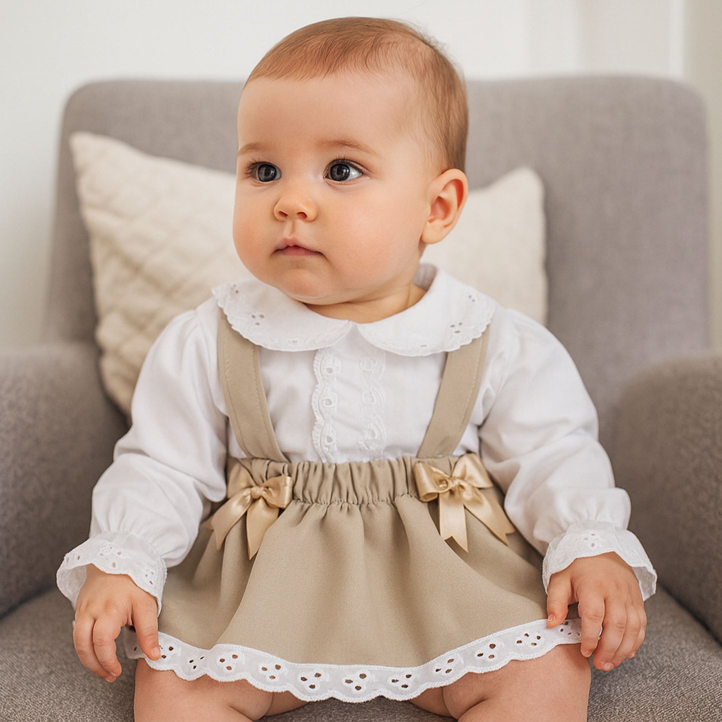 Baby Girls Beige Braces Skirt Set with Jam Pants – Made in the UK