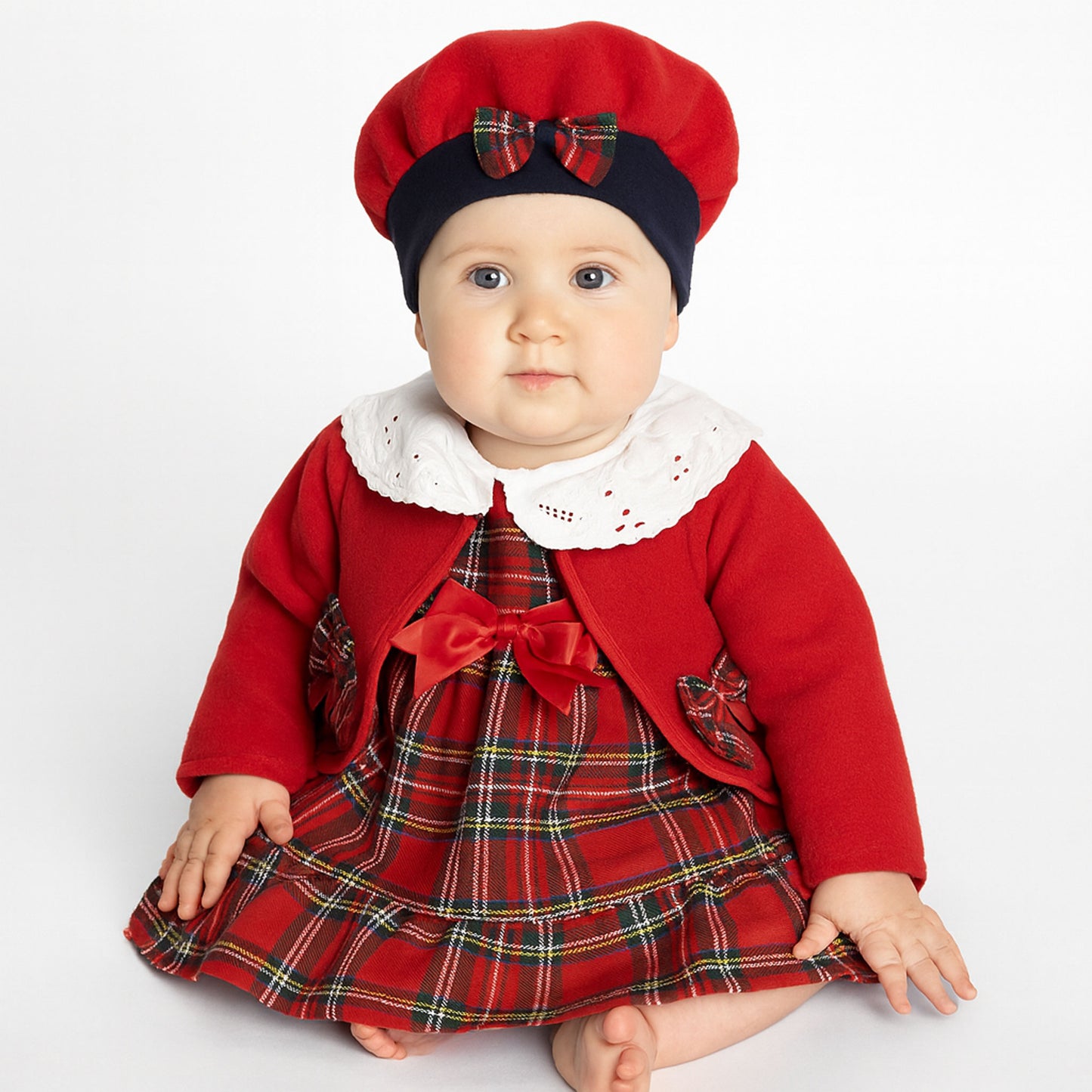 Baby Girls Red Tartan Outfit, Dress with Jacket and Hat