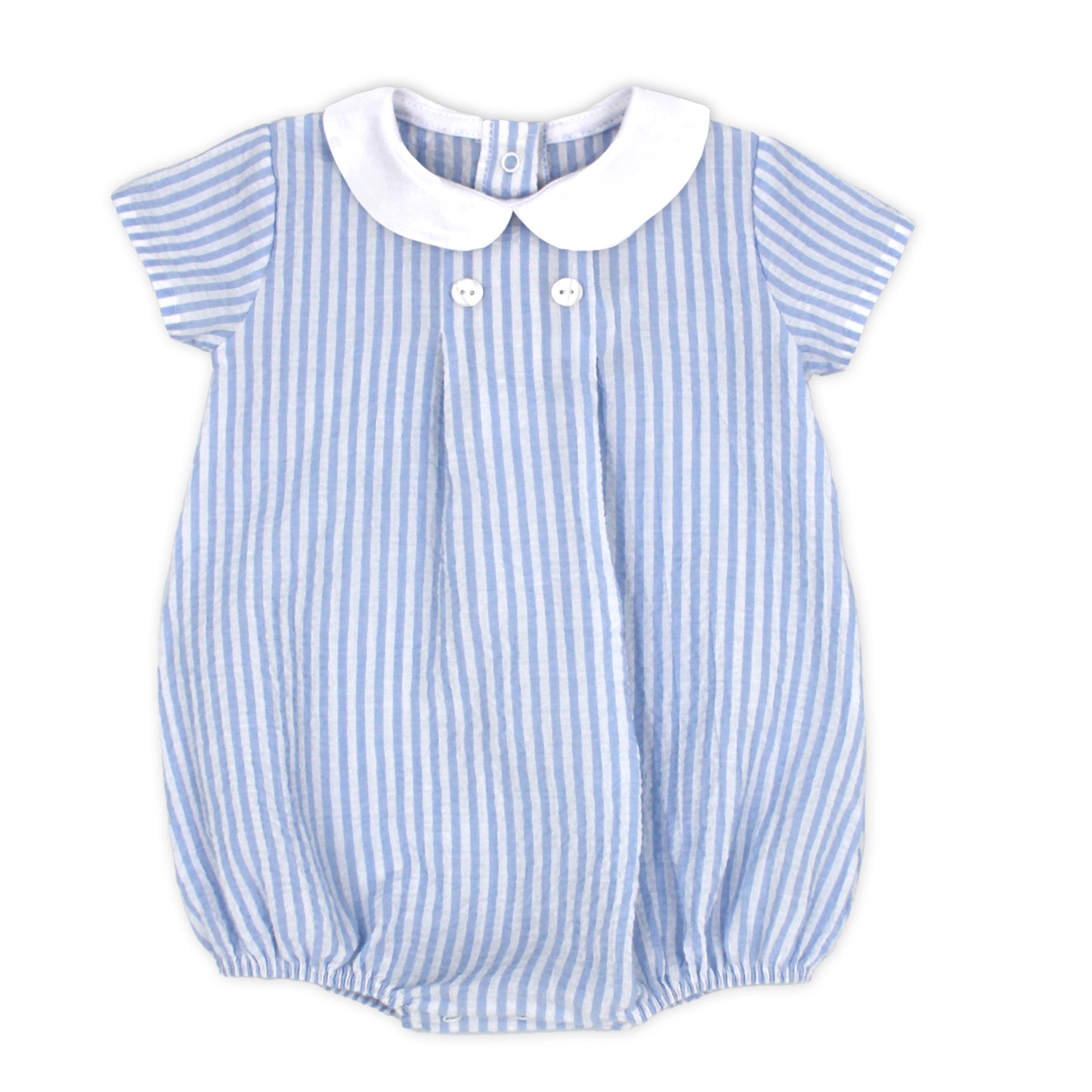 Blue and white striped baby romper with a white collar on a white background