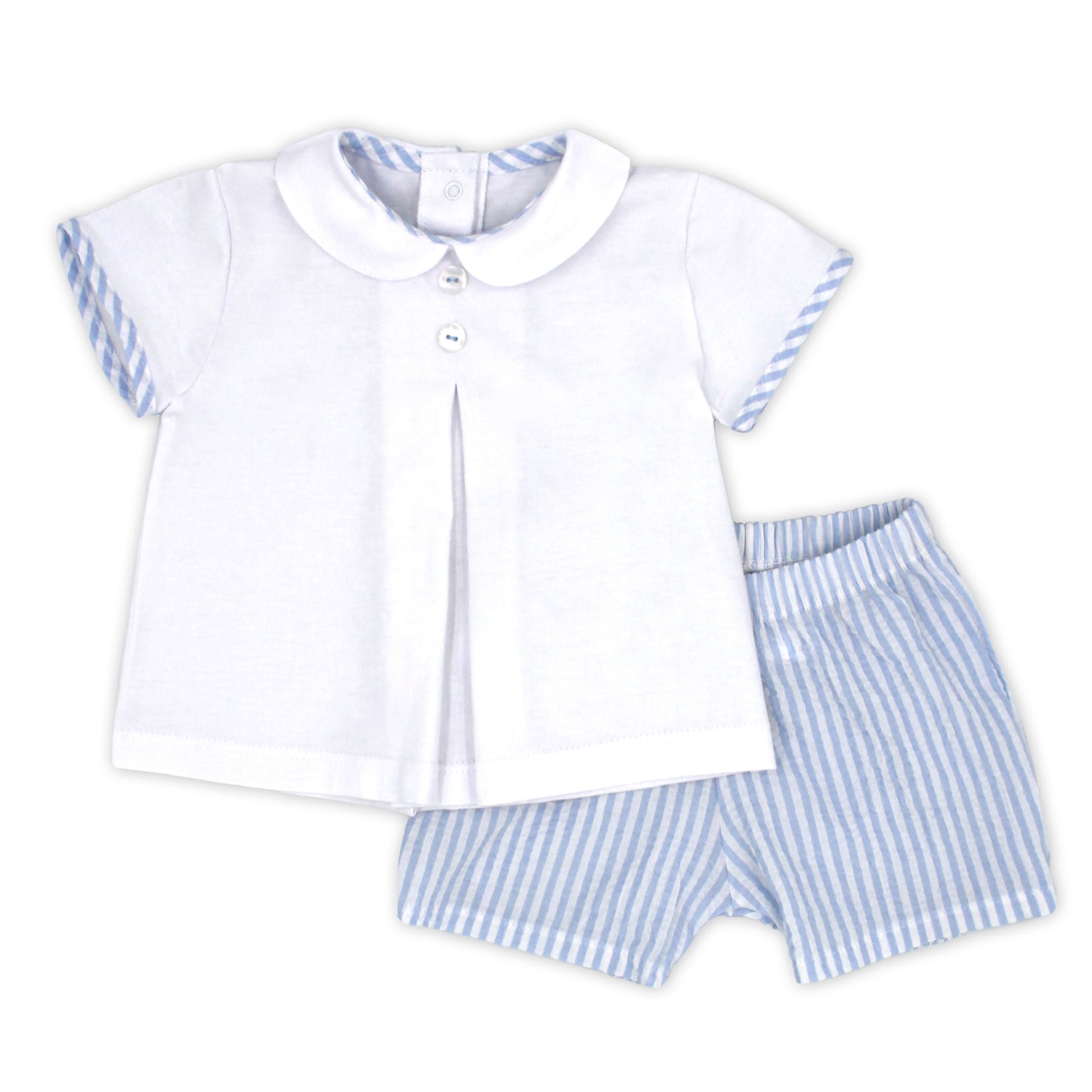 Baby outfit with white shirt and blue striped shorts on a white background