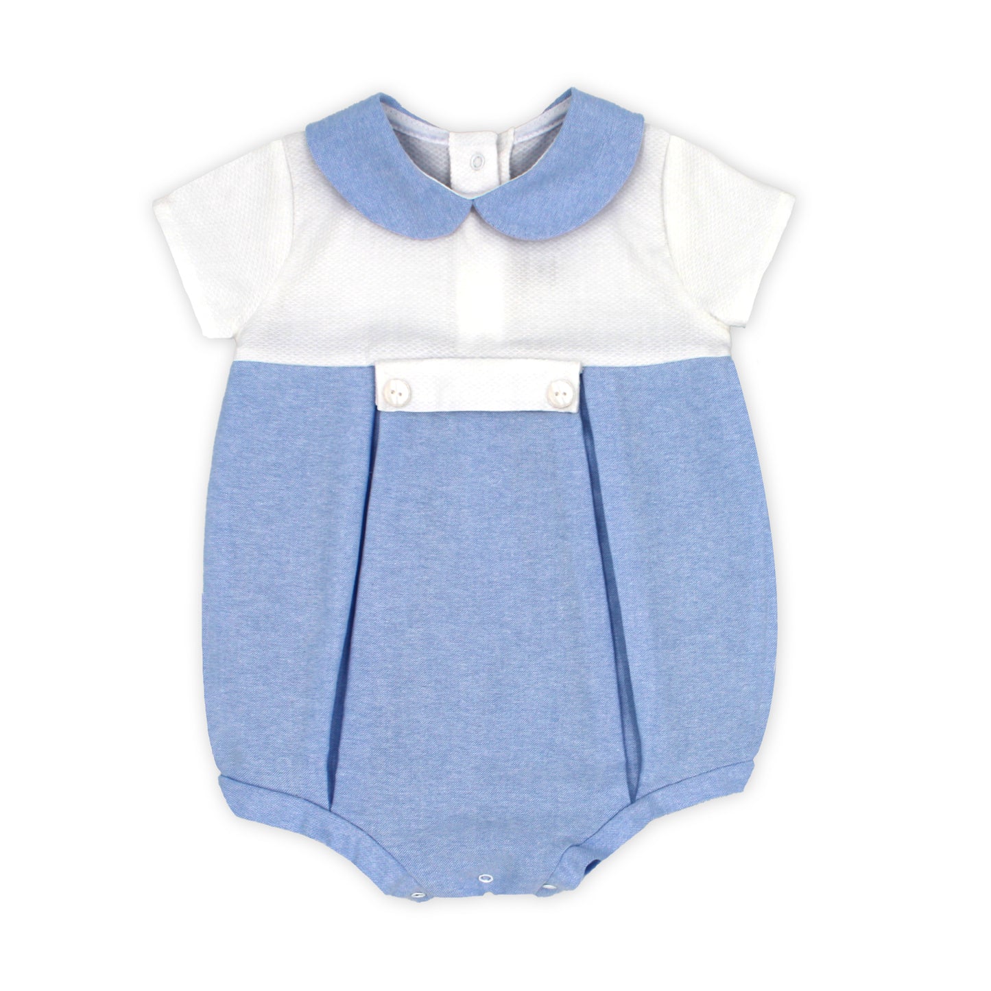 Blue and white baby romper with a collar on a white background