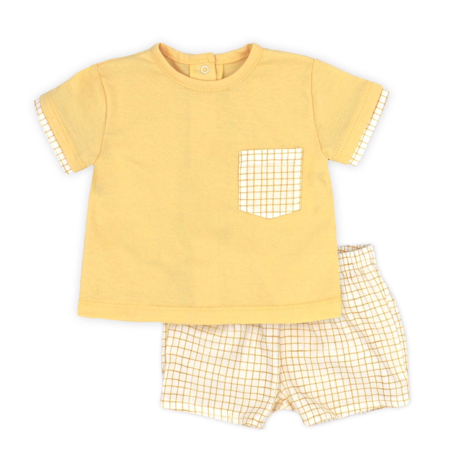 Yellow t-shirt with a pocket and checkered shorts on a white background