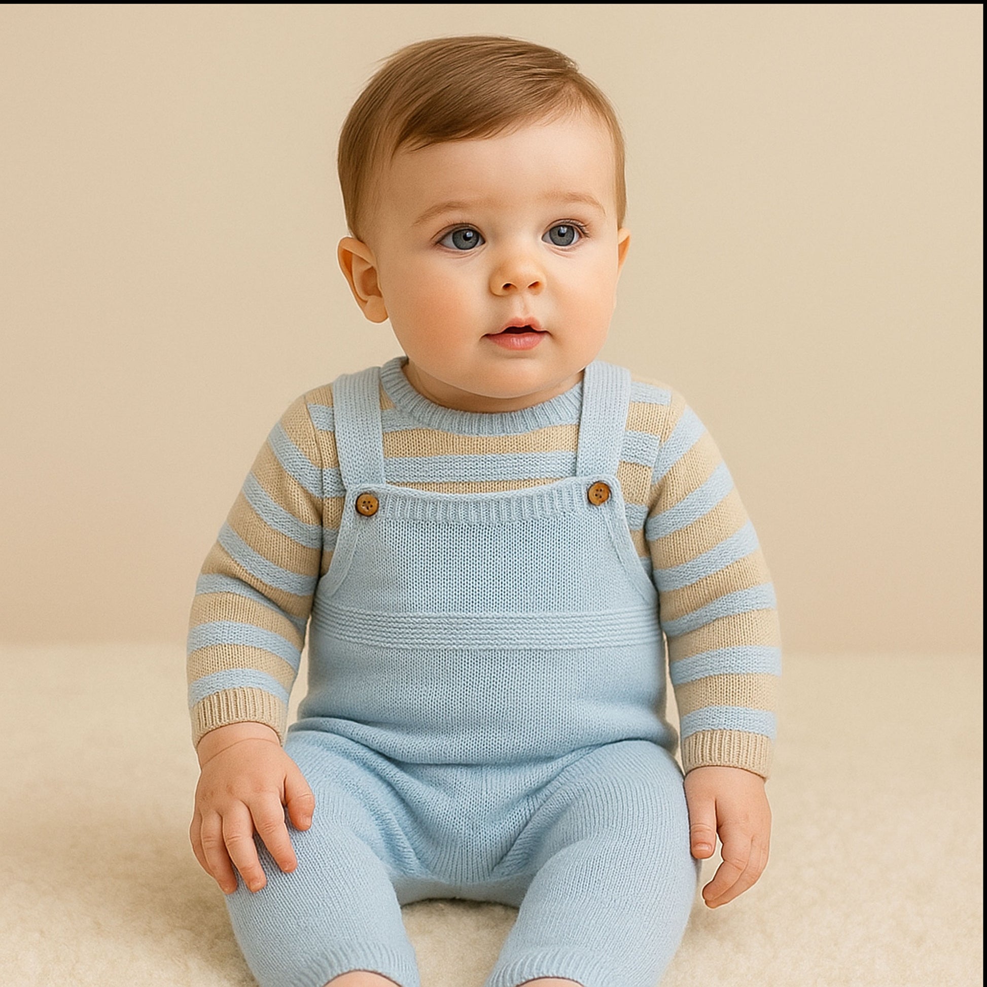 Baby wearing a striped sweater and light blue overalls against a beige background