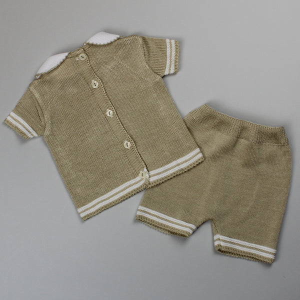 Baby Boys Knitted Shirt & Shorts Outfit - Beige