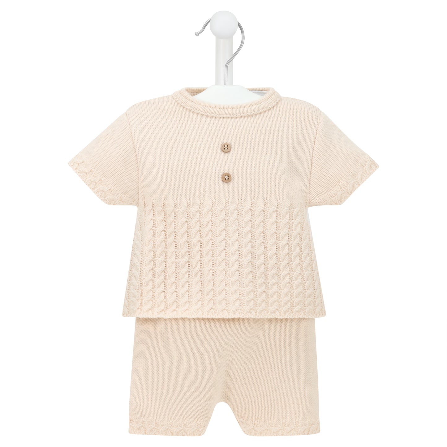 Beige textured top and shorts set on a hanger against a white background