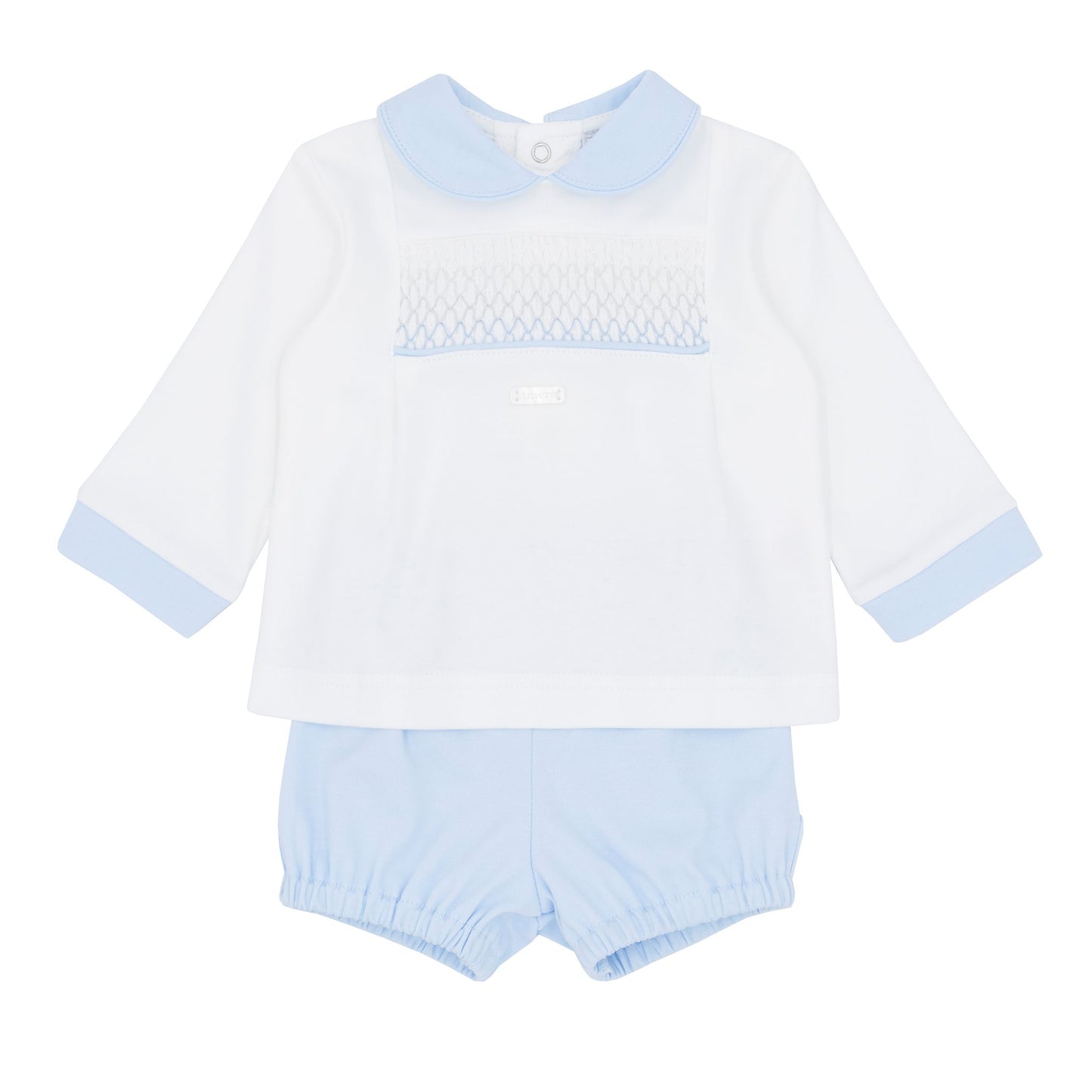 Baby outfit with white shirt and light blue shorts on a white background