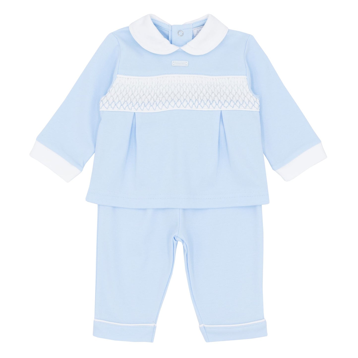 baby boys two piece blue and white outfit with smocking