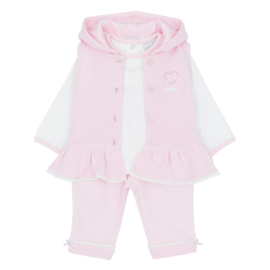 Pink baby outfit with a jacket and pants on a white background