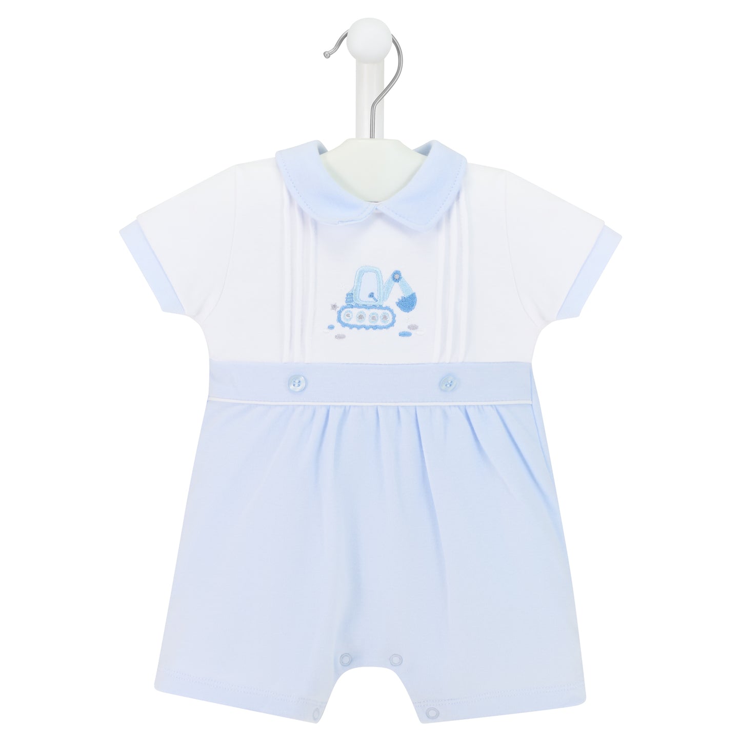 Baby romper with blue trim on a white background