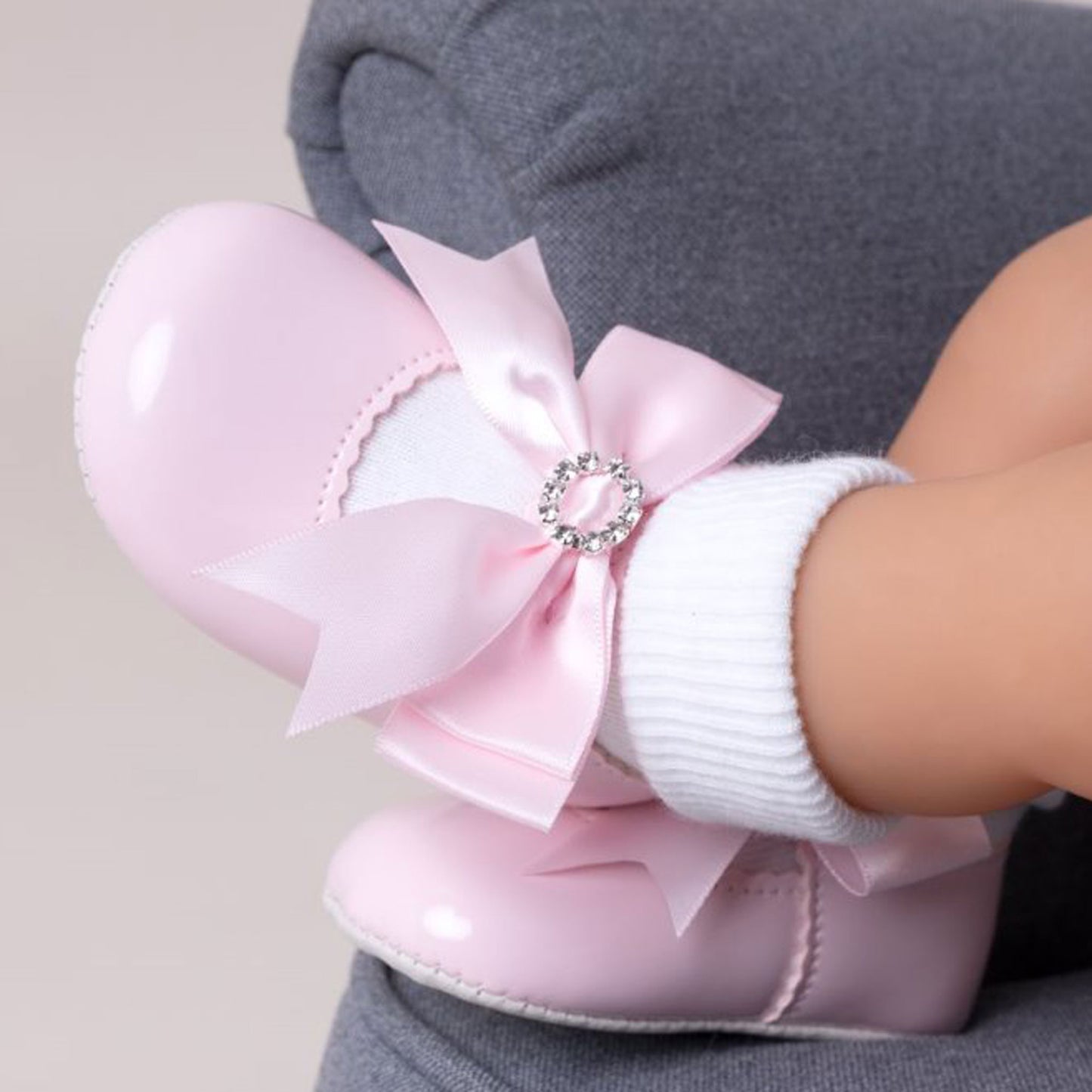 Baby Girl Pram Shoes - Large Pink Satin Bow with Diamante