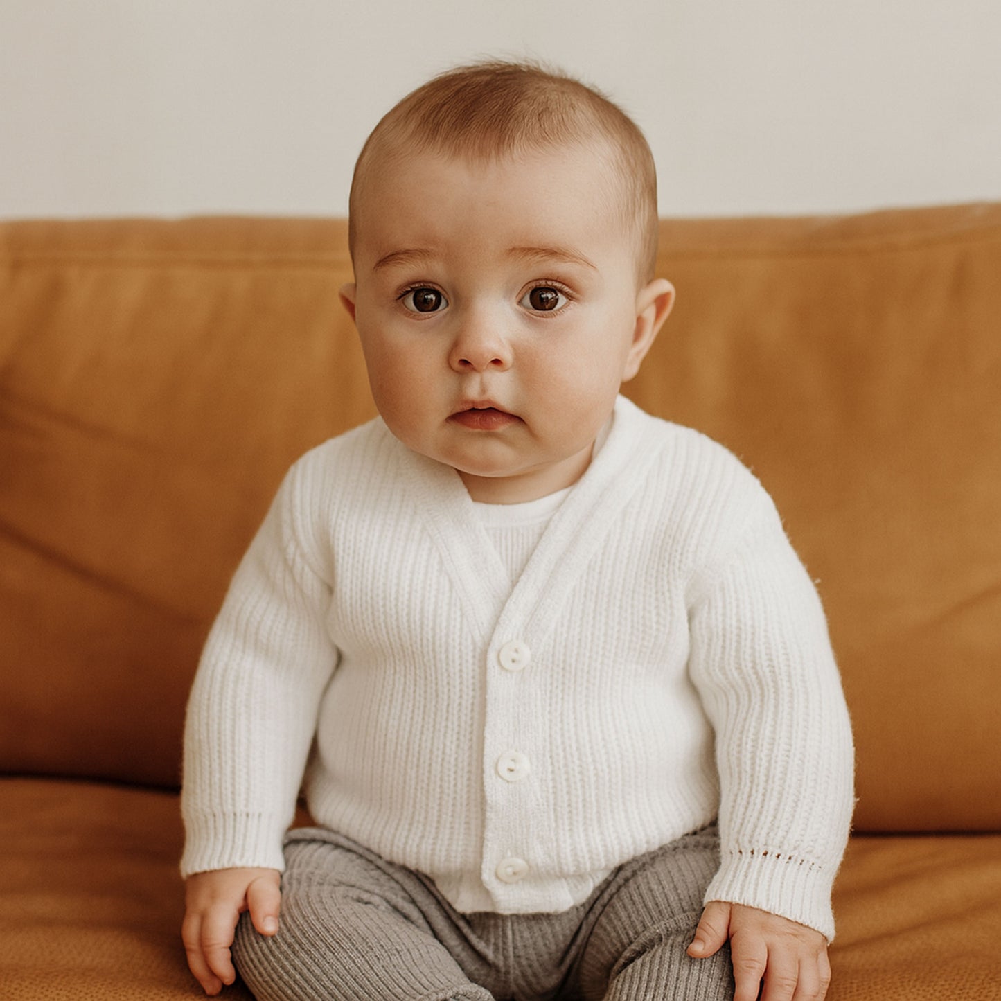 Baby wearing a white knit cardigan sitting on a brown couch.