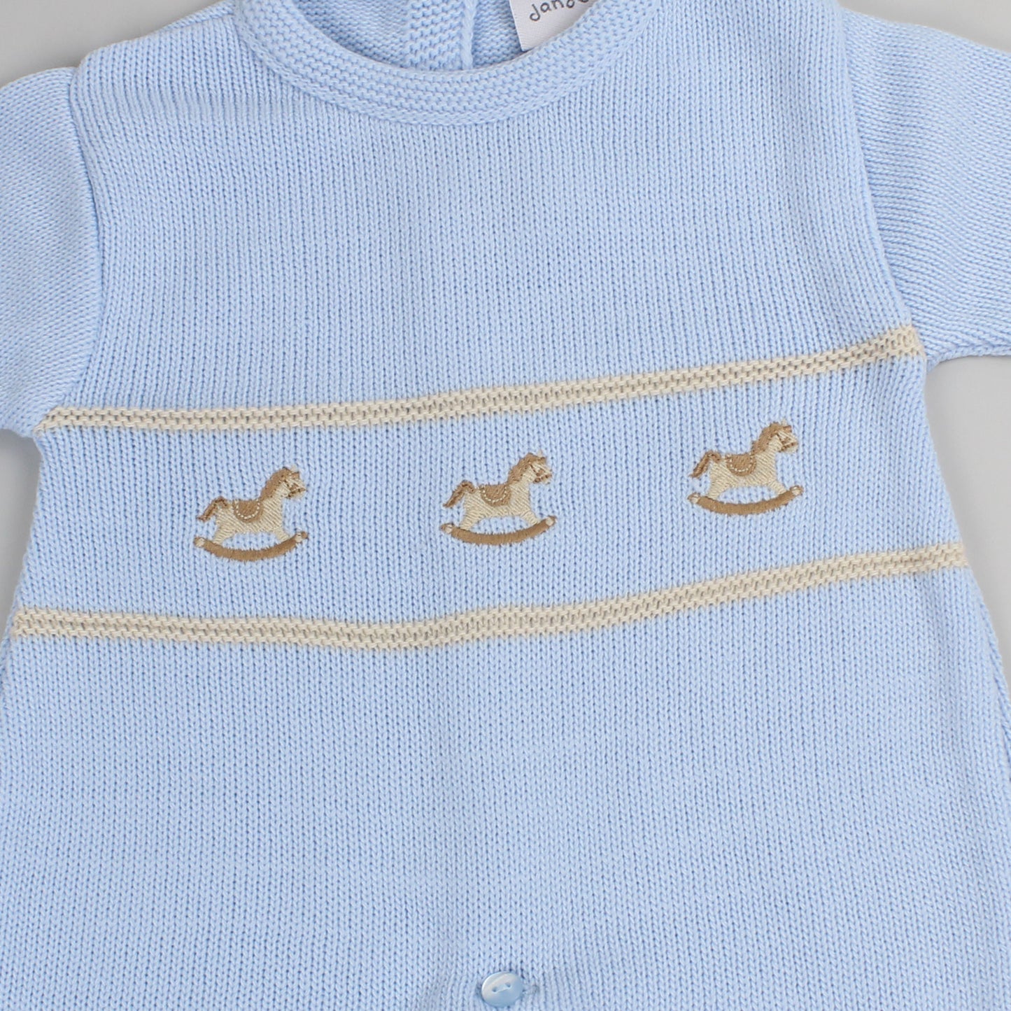 baby boys blue all in one knitted outfit