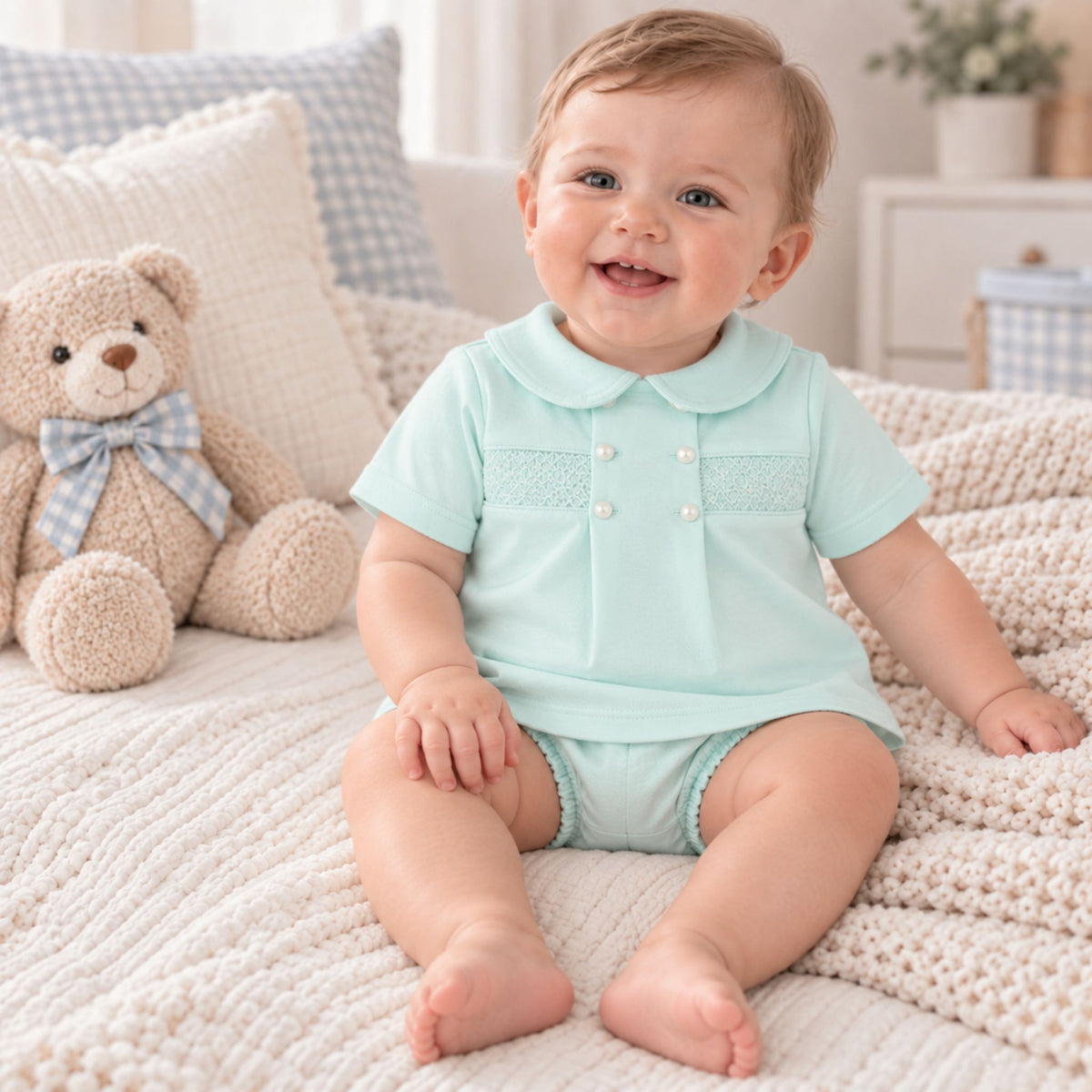 Baby Boys Mint Green Two Piece Outfit with Smocking – 100% Cotton