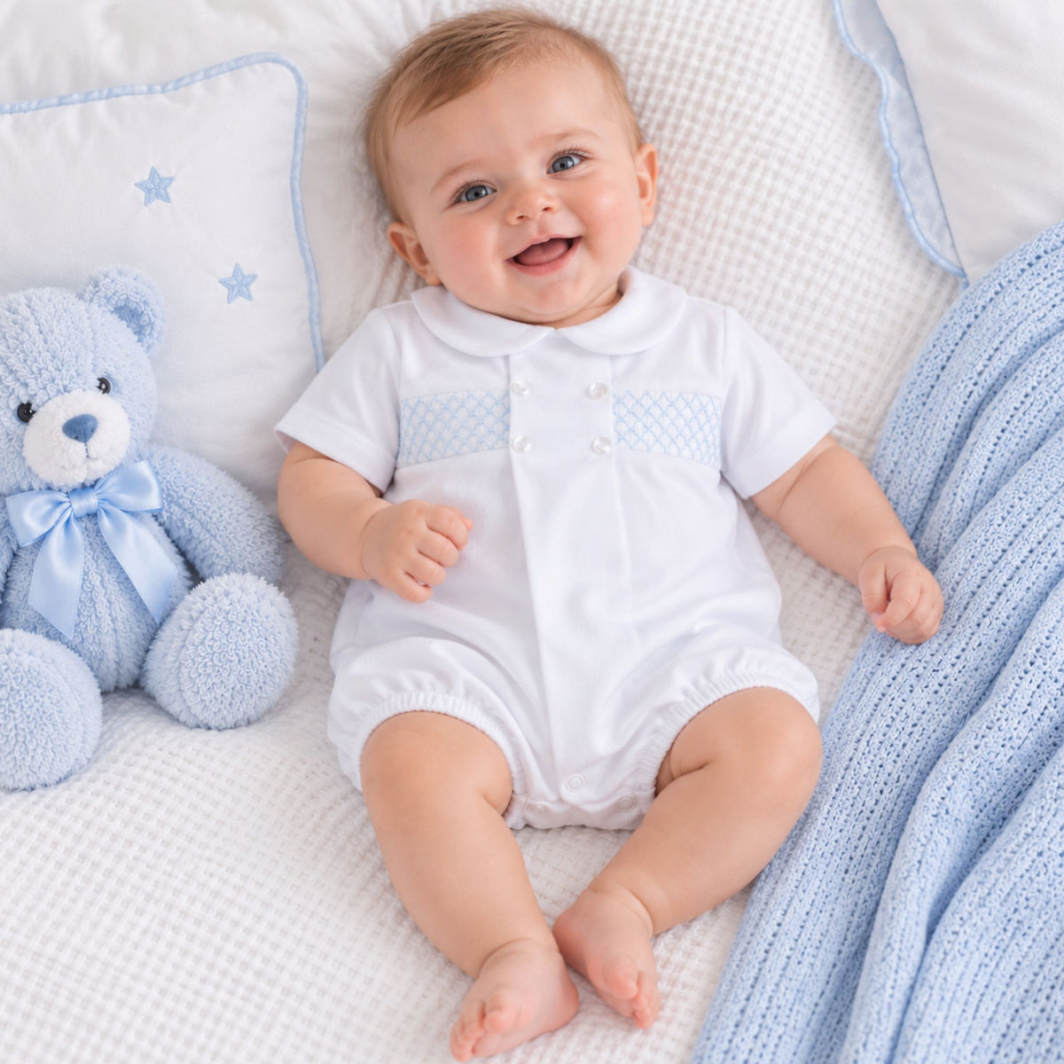 Baby Boys White/Baby Blue Smocked Romper with Peter Pan Collar