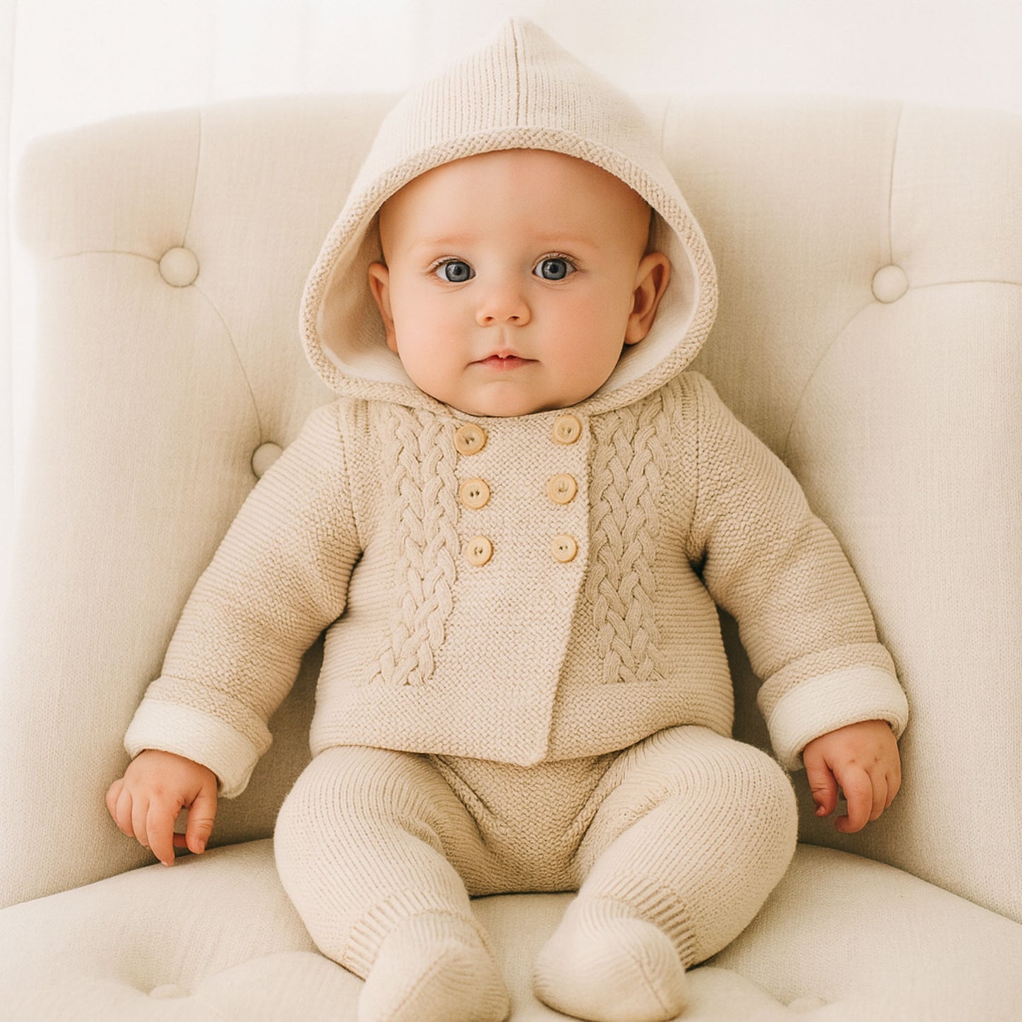 Unisex Beige Knitted Baby Outfit - Jacket with Hood