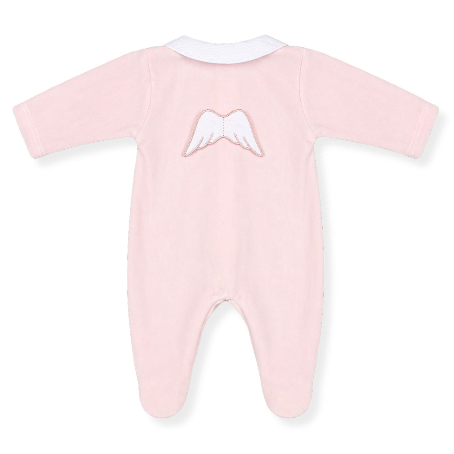 Pink baby onesie with angel wings on a white background