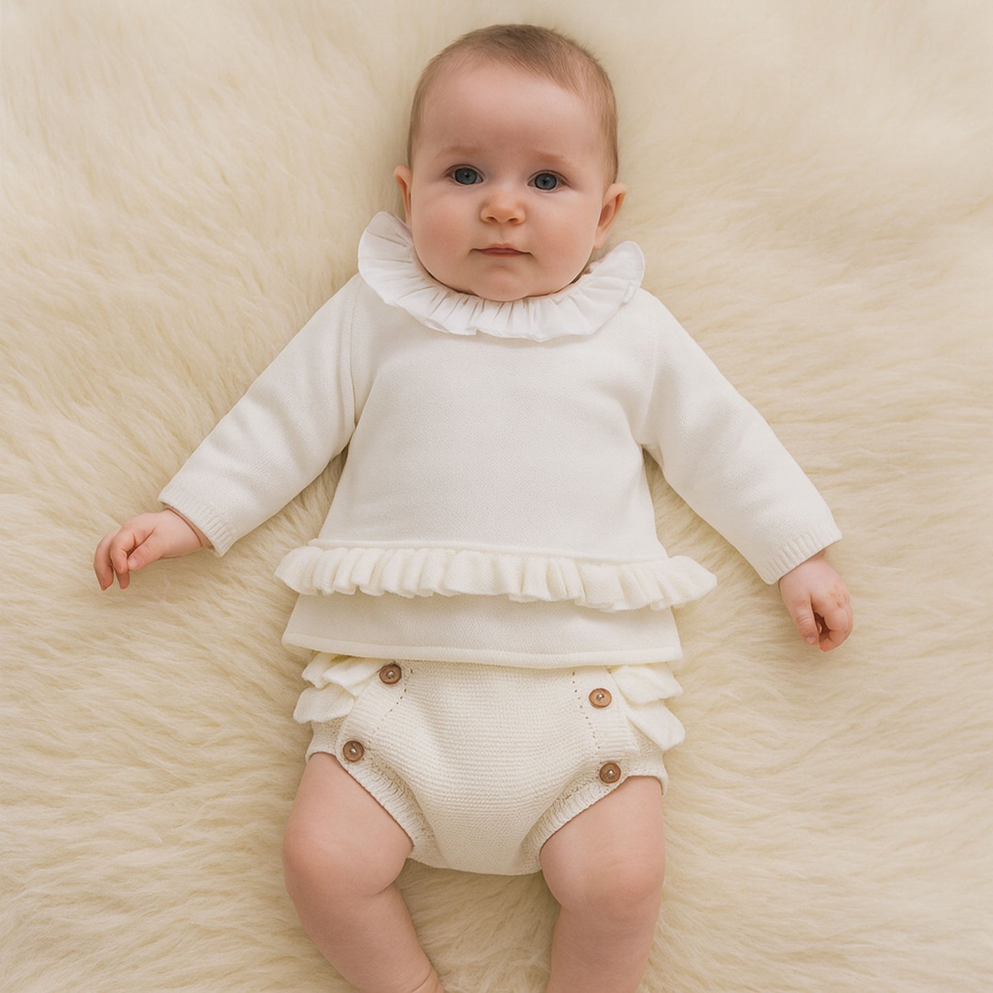 Baby wearing a white ruffled outfit on a beige blanket