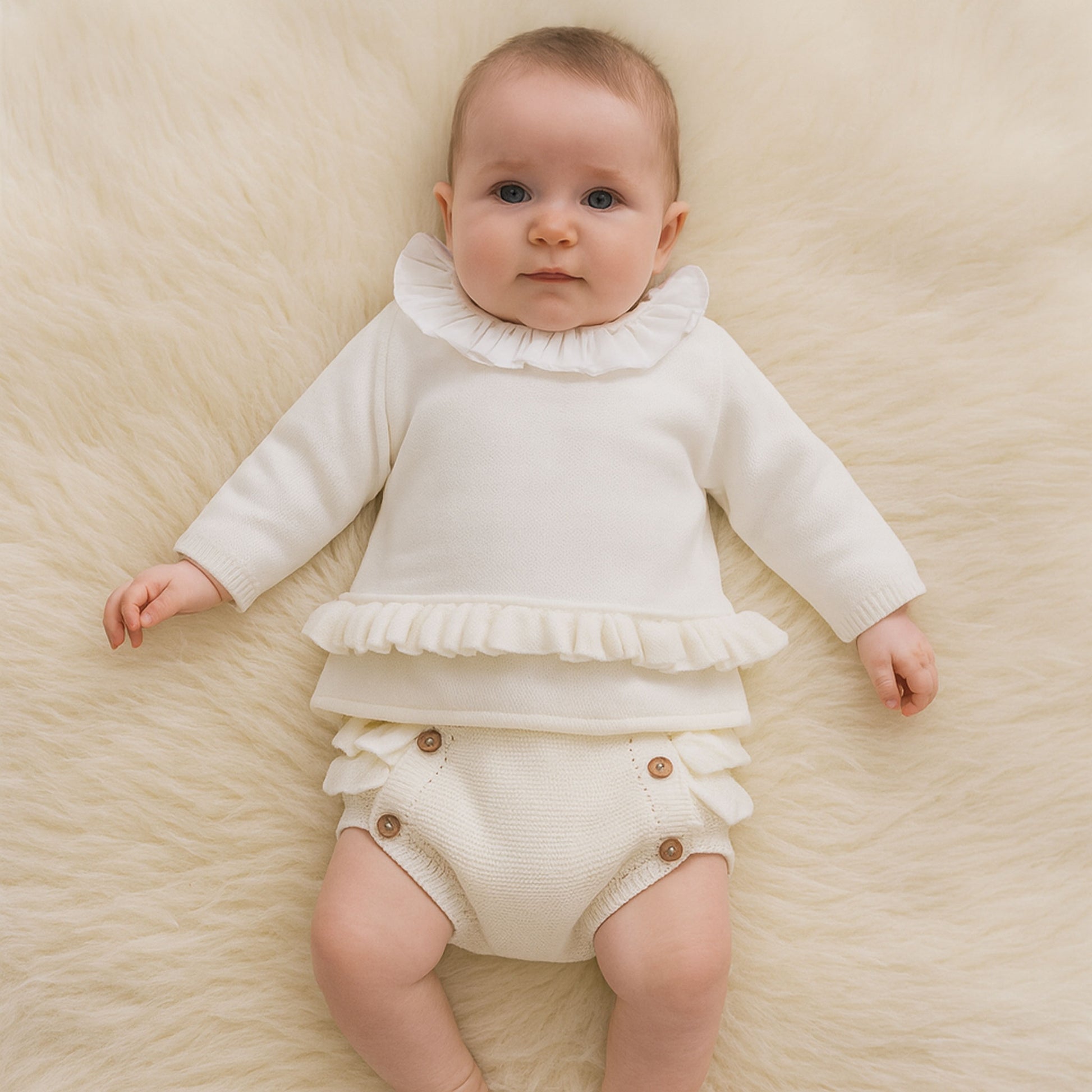 Baby wearing a white ruffled outfit on a beige blanket