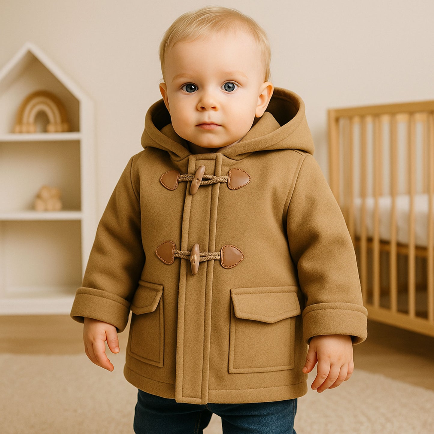 Baby Boys Beige Duffle Coat with Hood