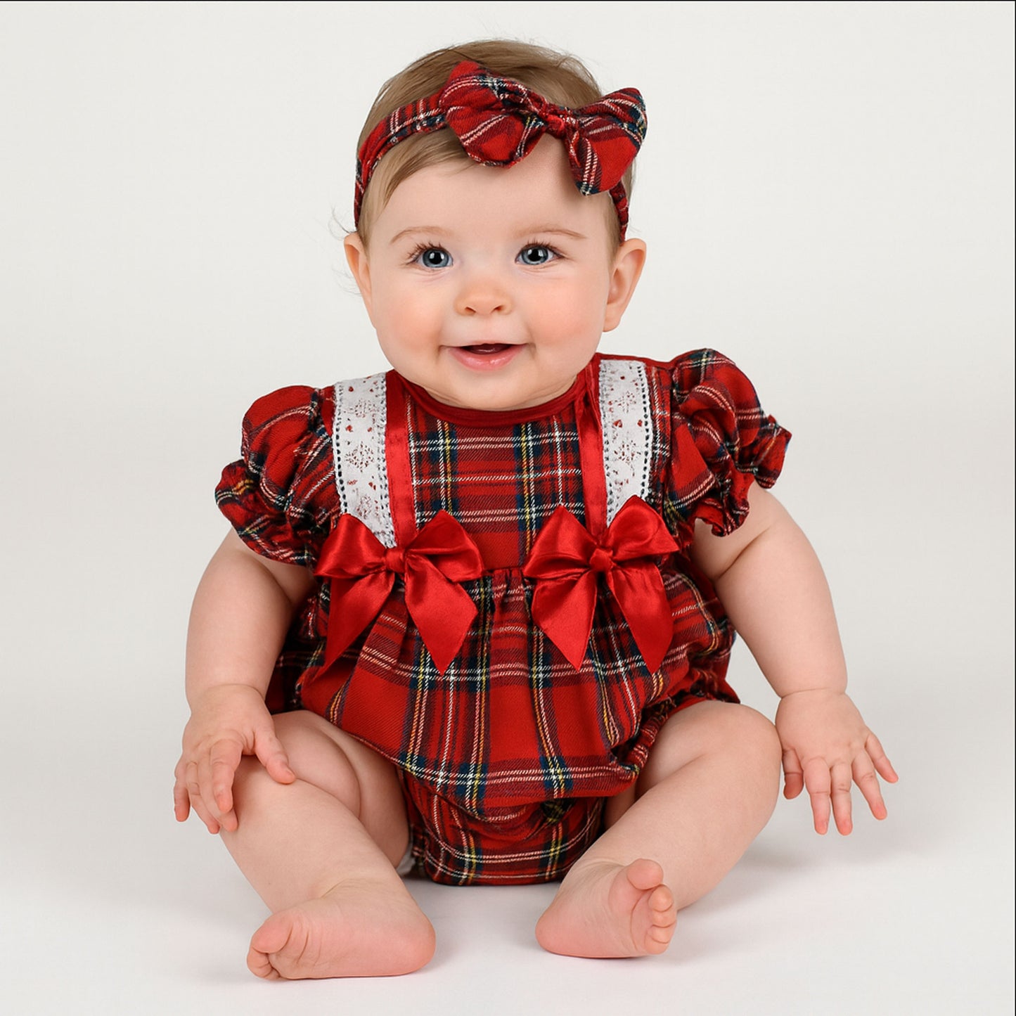 Baby Girls Red Tartan Romper with Two Bows