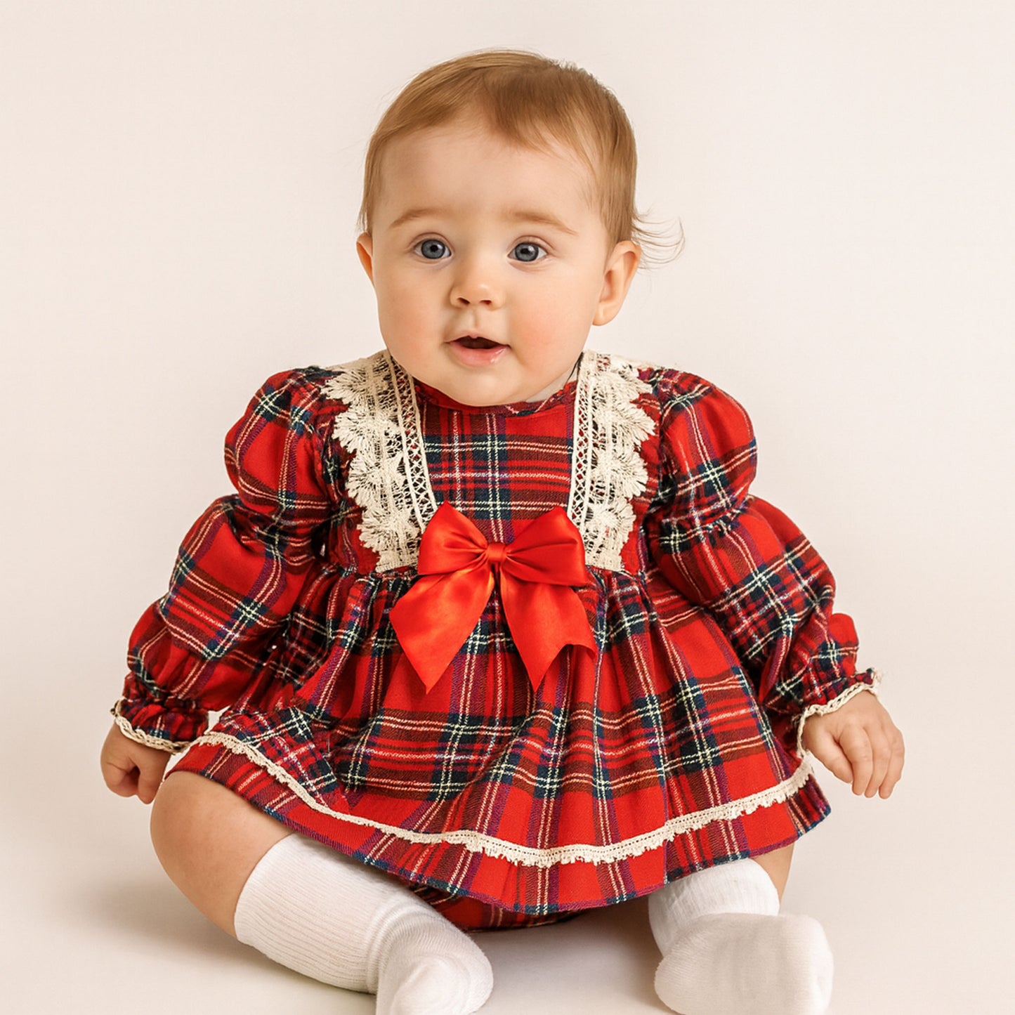 Red Tartan Baby Dress with Vintage Lace Trim and Satin Bow