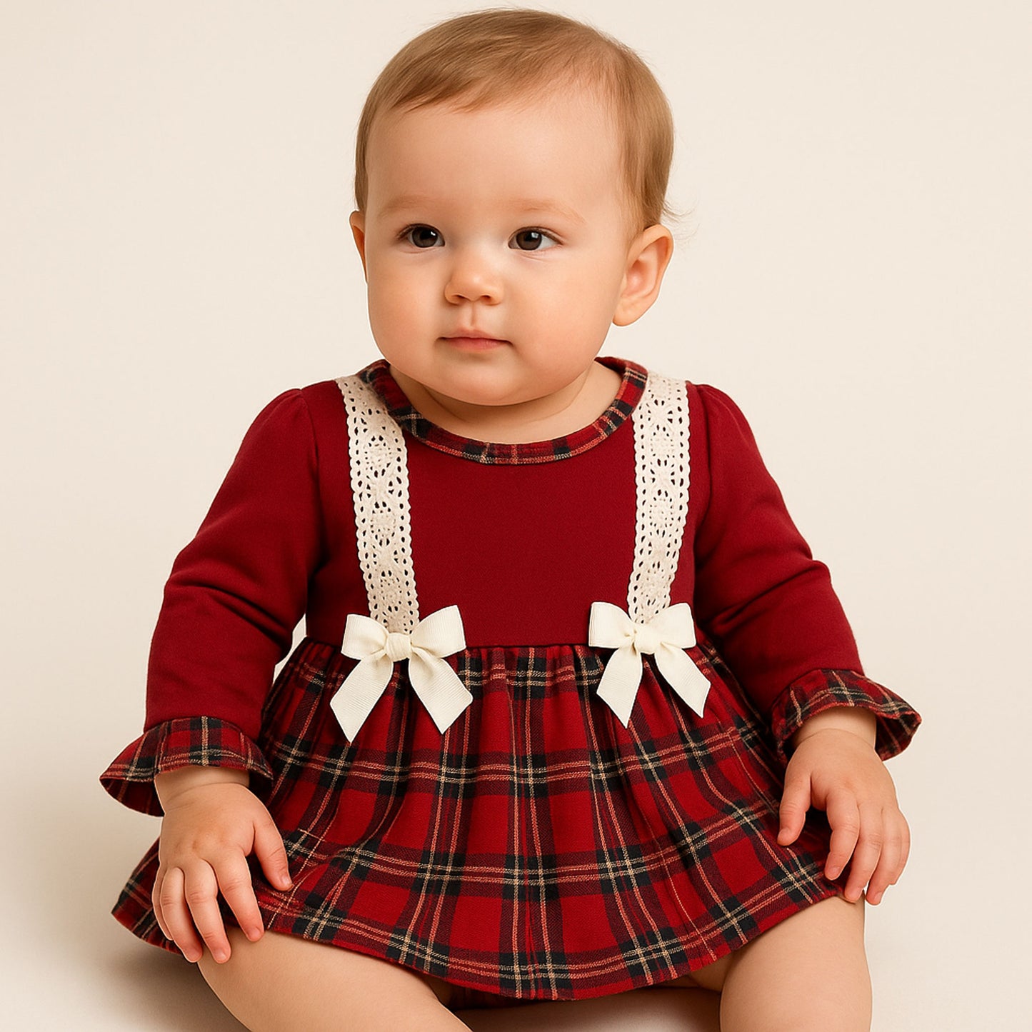 Baby Girls Red Tartan Dress with white bows