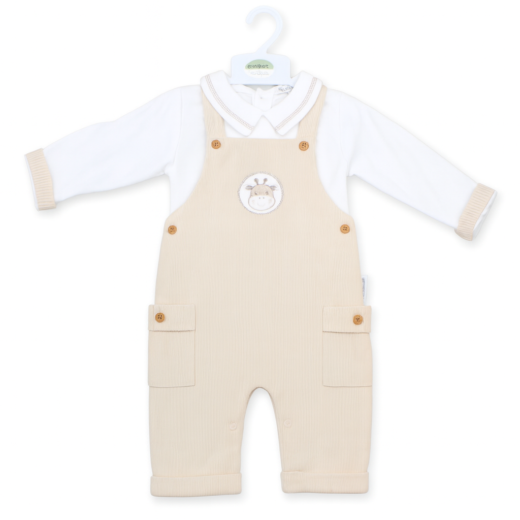 Beige baby romper with white shirt on a hanger against a white background