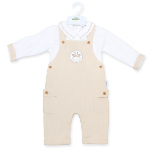 Beige baby romper with white shirt on a hanger against a white background