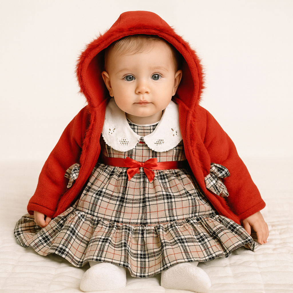 Baby wearing a red hooded coat over a plaid dress with a white collar.