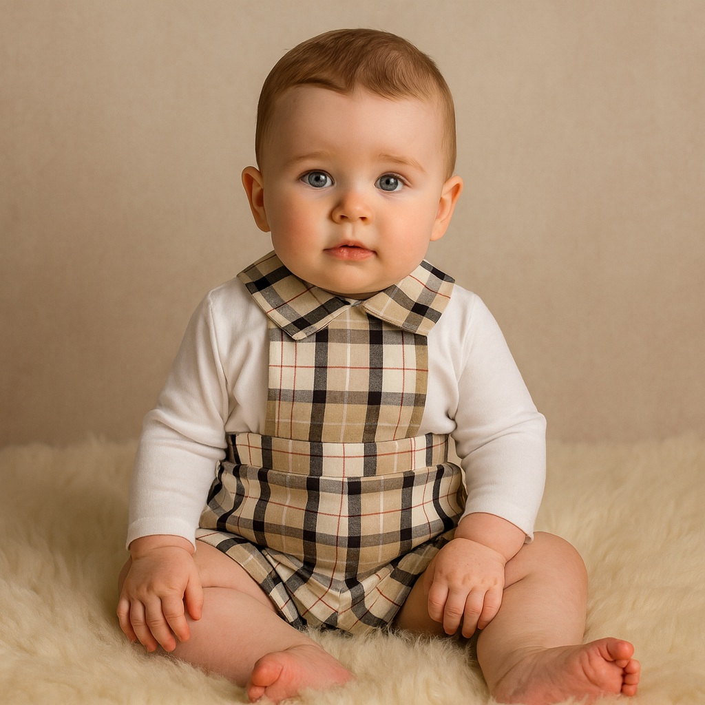 Baby wearing a plaid romper sitting on a beige surface