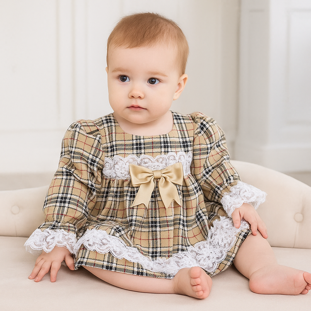 Beige Tartan Baby Dress with Lace Trim and Satin Bow