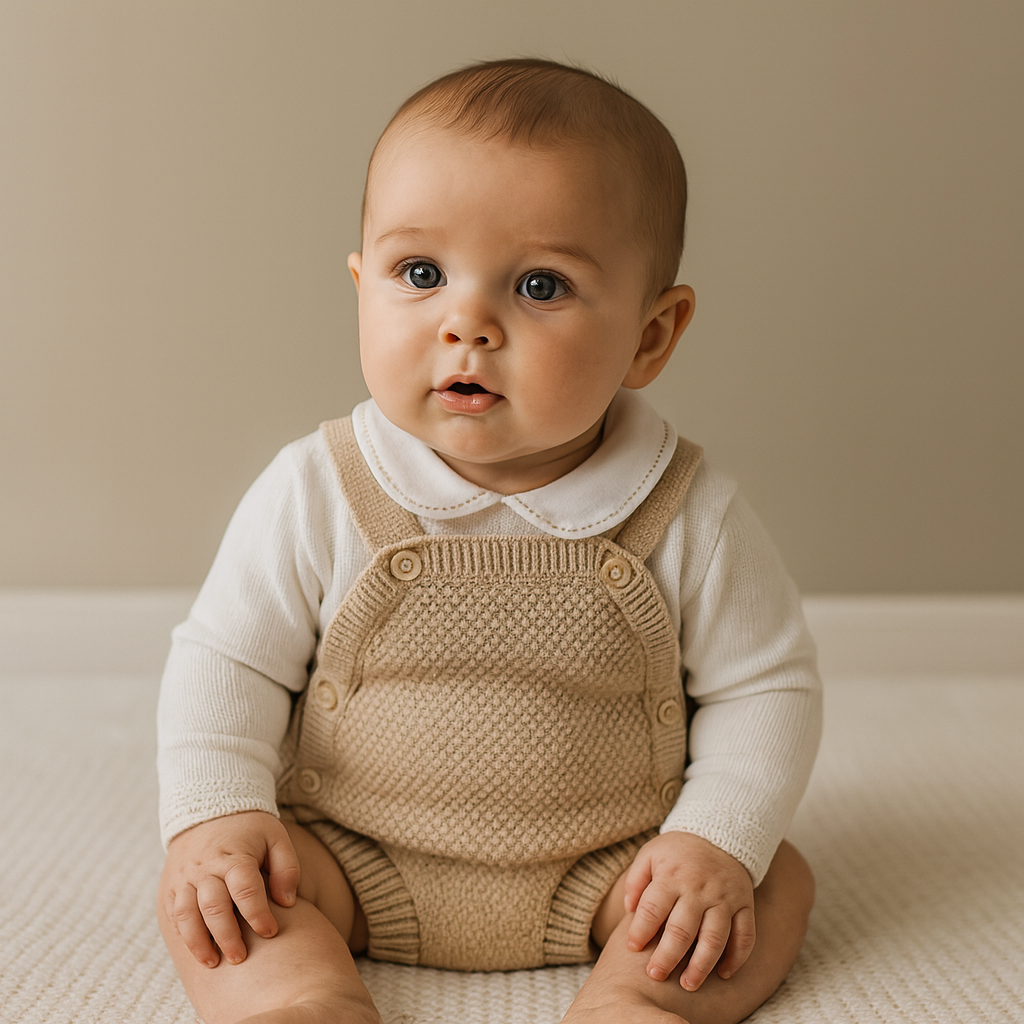 Baby wearing a beige knitted romper with a white shirt underneath, sitting on a textured surface.