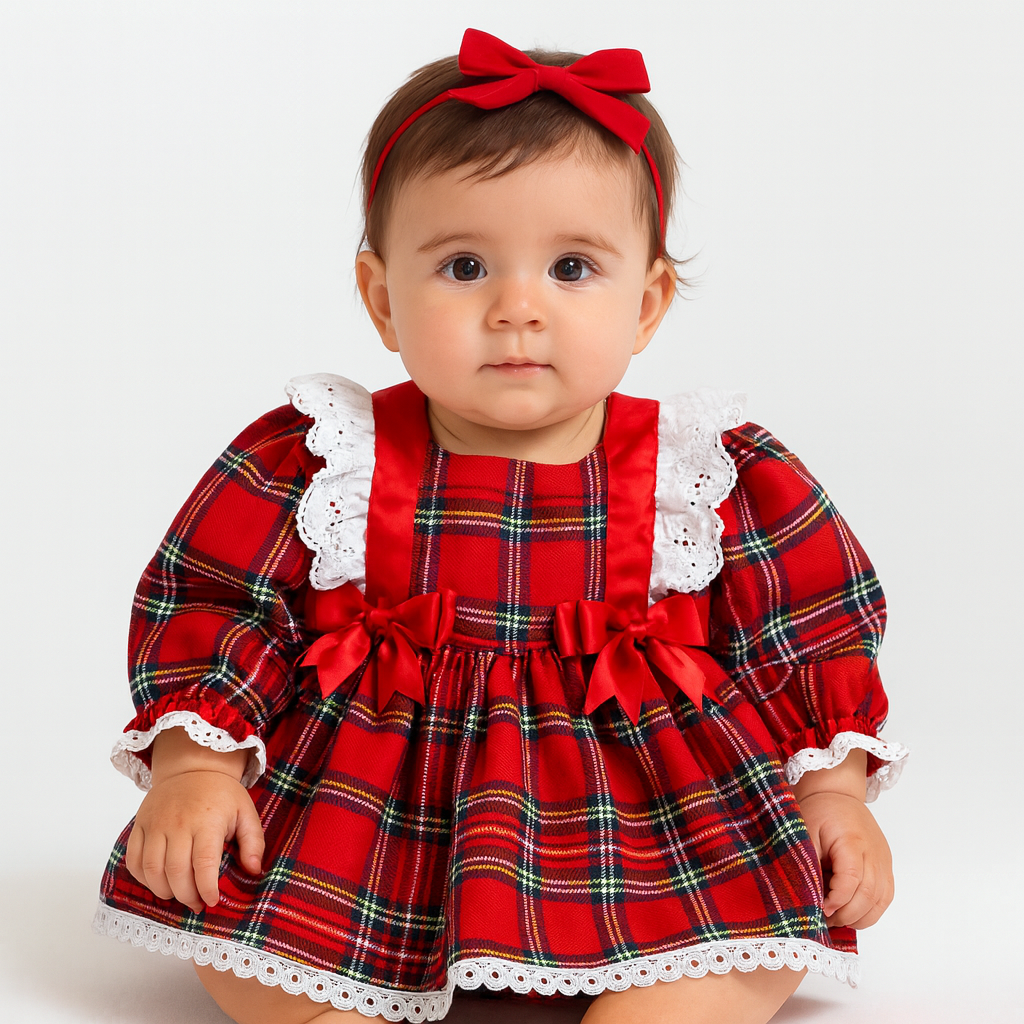 Red Tartan Baby & Toddler Dress with Lace & Bow Details