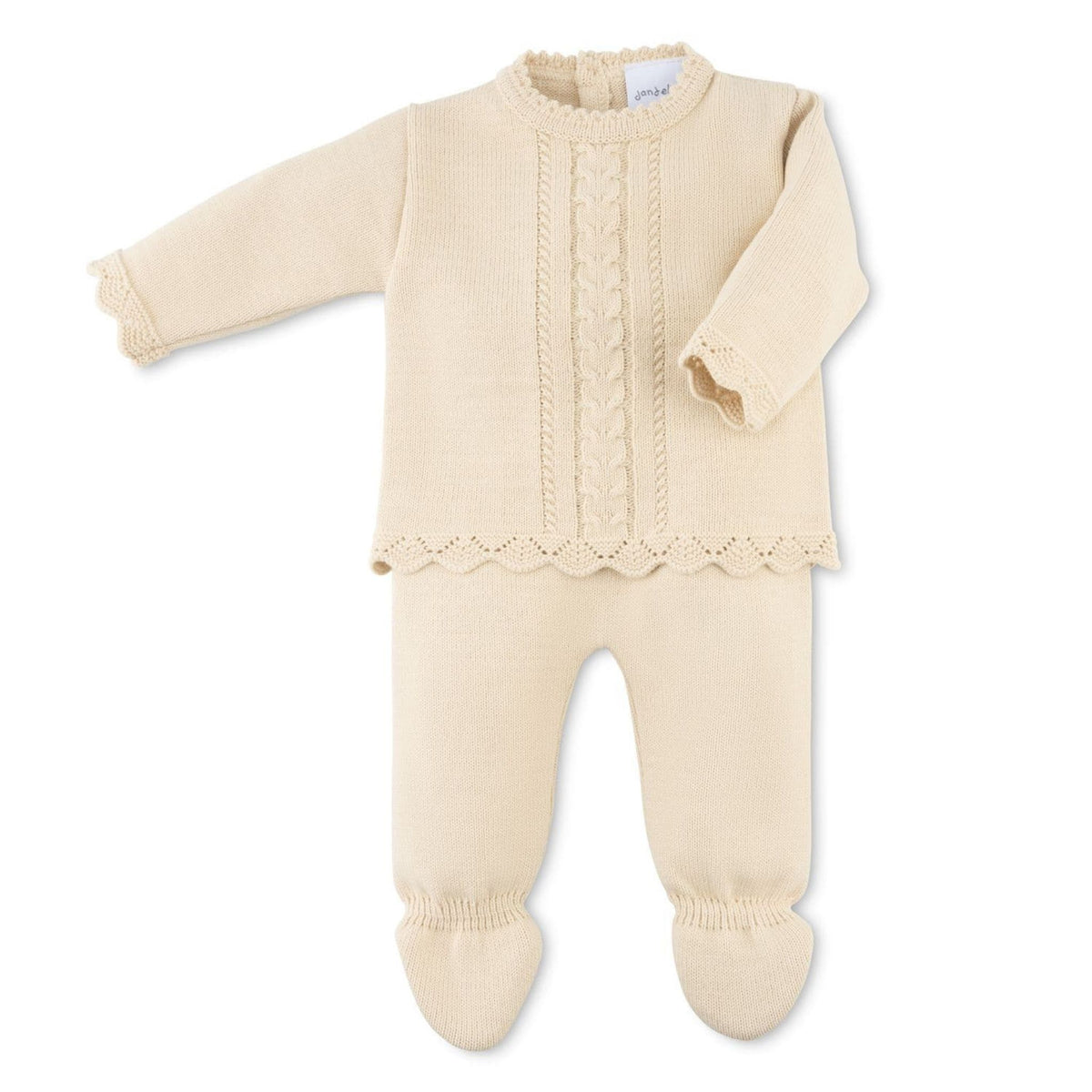 Beige baby outfit with long sleeves and footed design on a white background