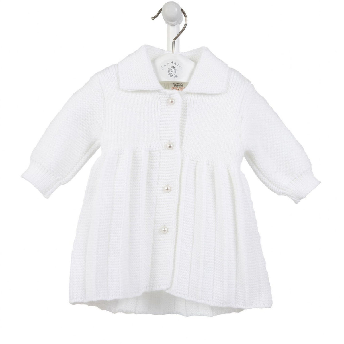 White baby coat on a hanger against a white background