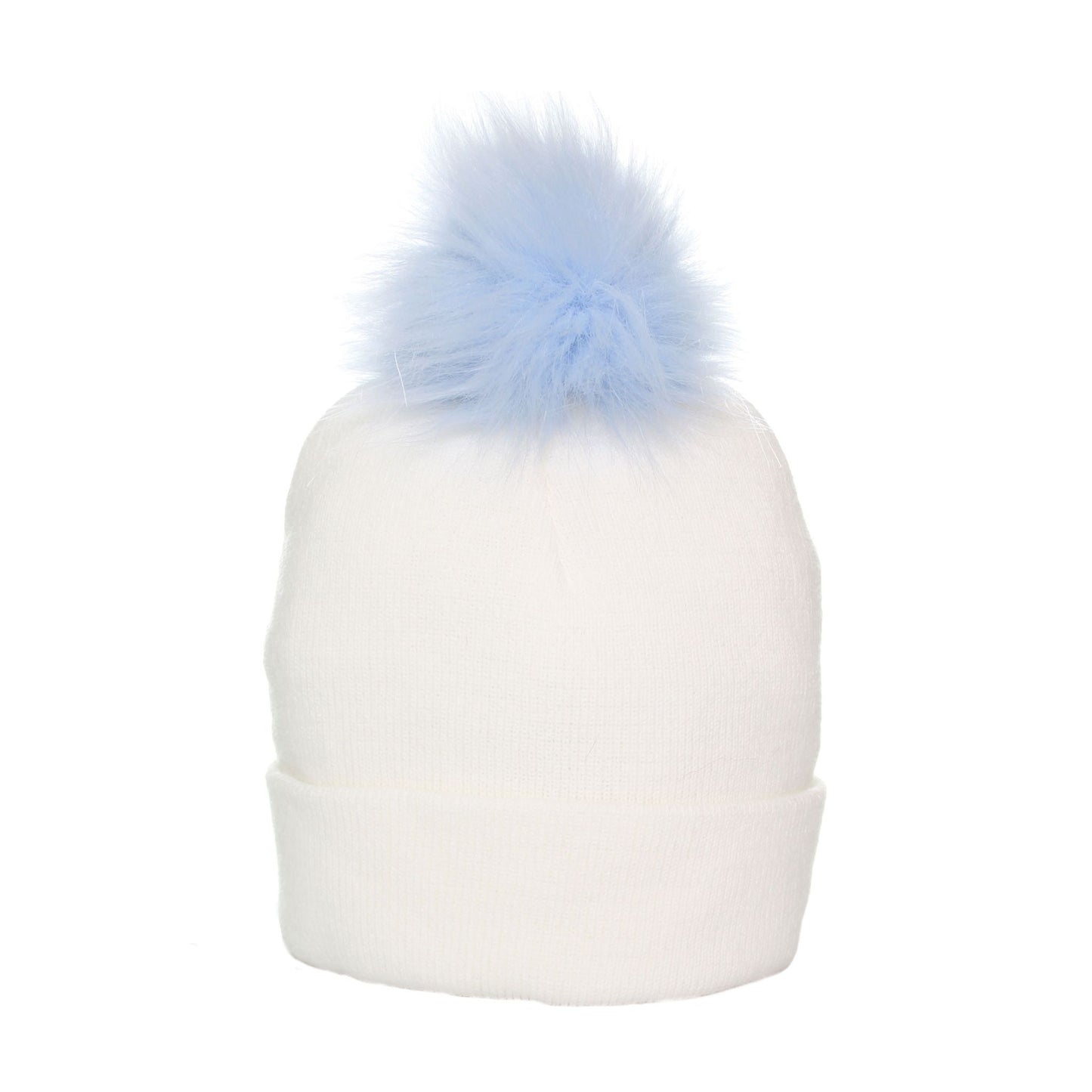 White beanie with a light blue pom-pom on a white background