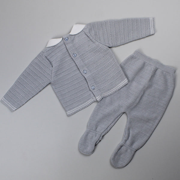 Baby Boys 2 Piece Knitted Outfit - Jumper and Bottoms - Grey